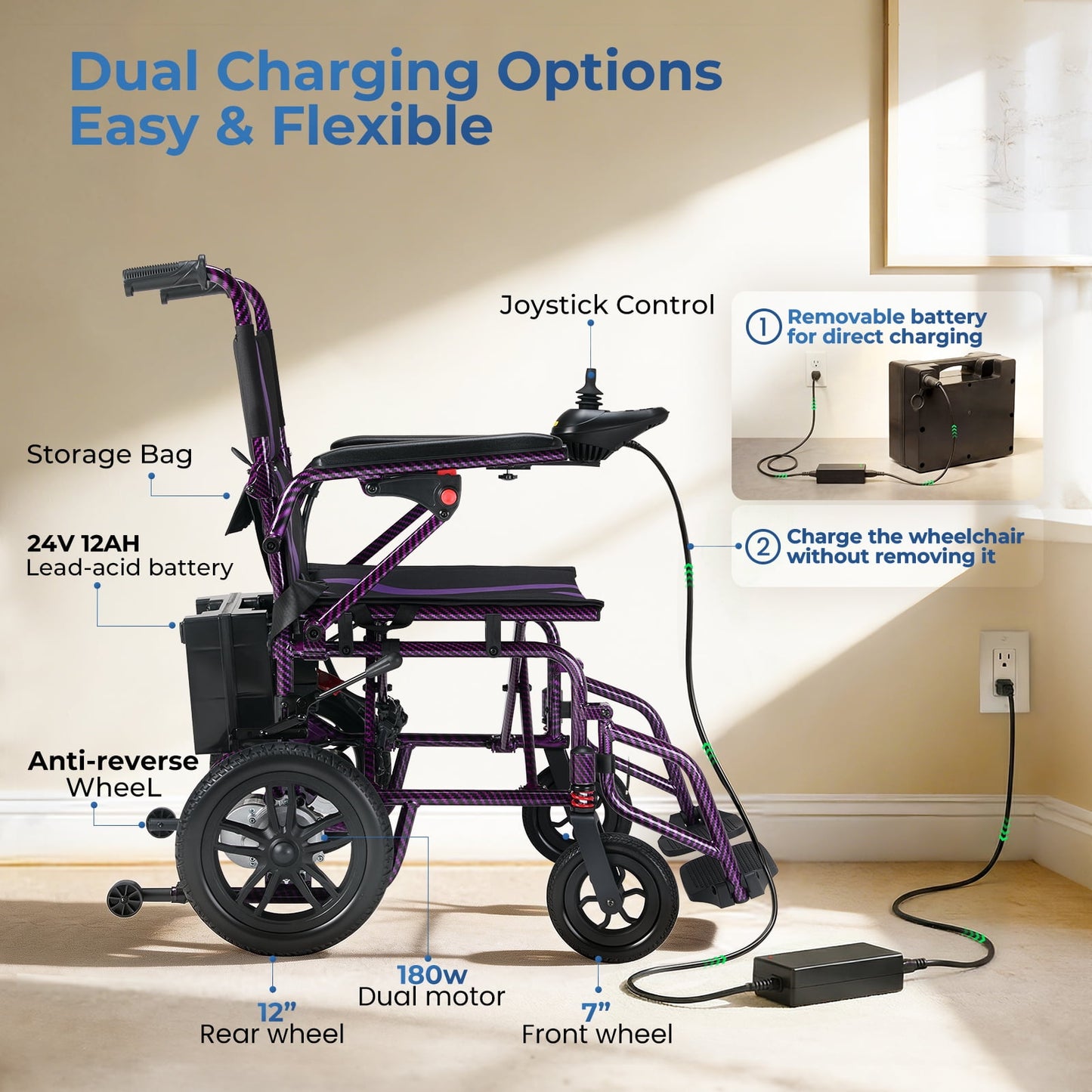 Arshin Electric Wheelchair Lightweight Foldable,20+ Miles Electric Wheelchairs for Adults,360°Joystick Motorized Wheelchair,286+ lbs Capacity,Purple