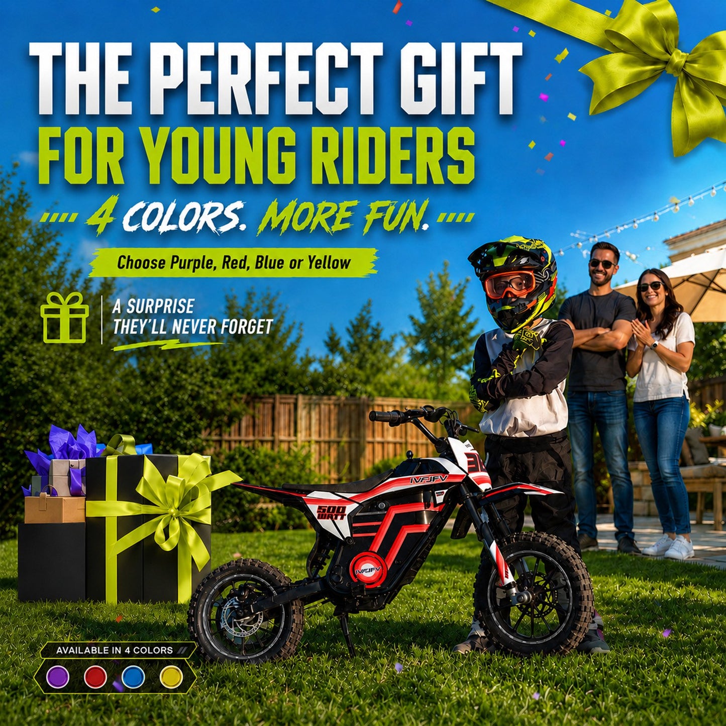 IVFJFV 500W Electric Dirt Bike for Kids,Up to 17.4MPH & 23.6 Miles,Two Speed Modes, Front & Rear Suspension,Mechanical Disc Brakes, 165 LBS,Beginner-Friendly Handle, All-Terrain,RED