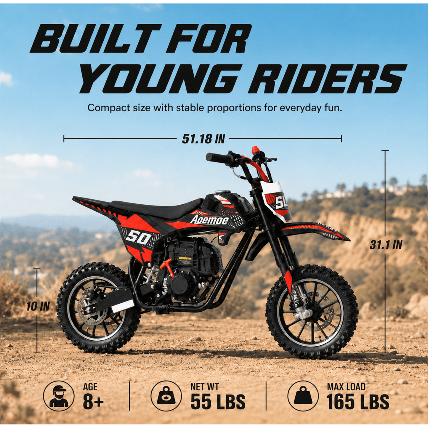 Aoemoe 39cc motor bike, 20mph gas dirt bikes for boys 8 12, Disc Brakes, Max Load 165Lbs, kids dirt bike, Red