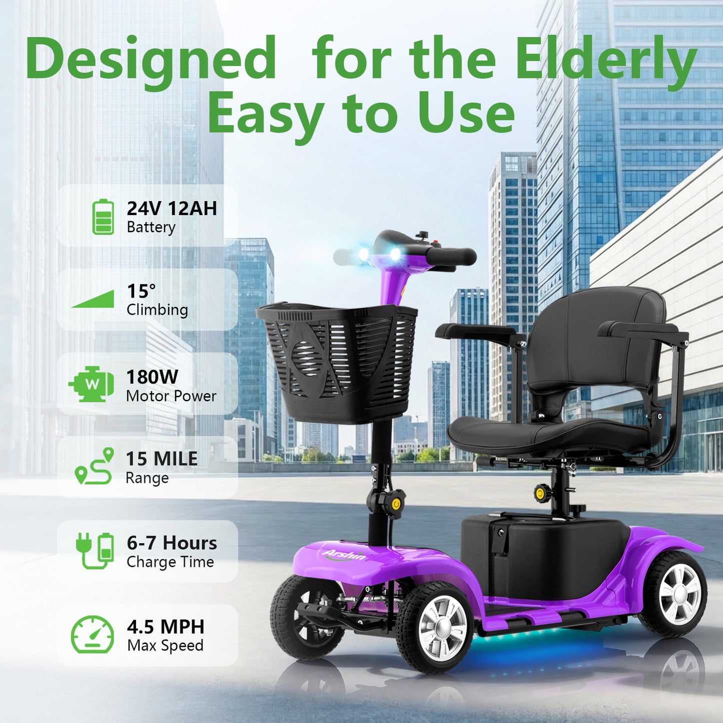 Arshin Upgrade 4 Wheels Mobility Scooter with Removable Battery,Compact Heavy Duty Mobile for Travel,Foldable Powered Wheelchair for Adult,300lbs,Purple