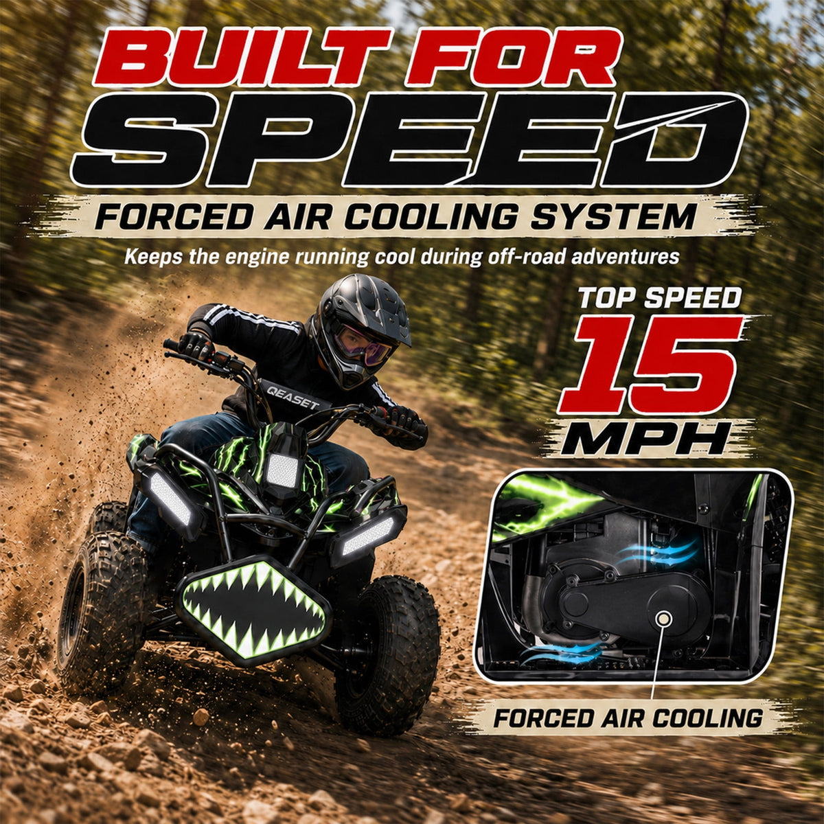 QEASET A01 39cc Kid Gas ATV, Gas Powered 4 Wheeler for Kid 6+, 4-Stroke Beginner ATV, Up to 15 MPH, Adjustable Speed, Safety Switches, Front & Rear Brakes - Green