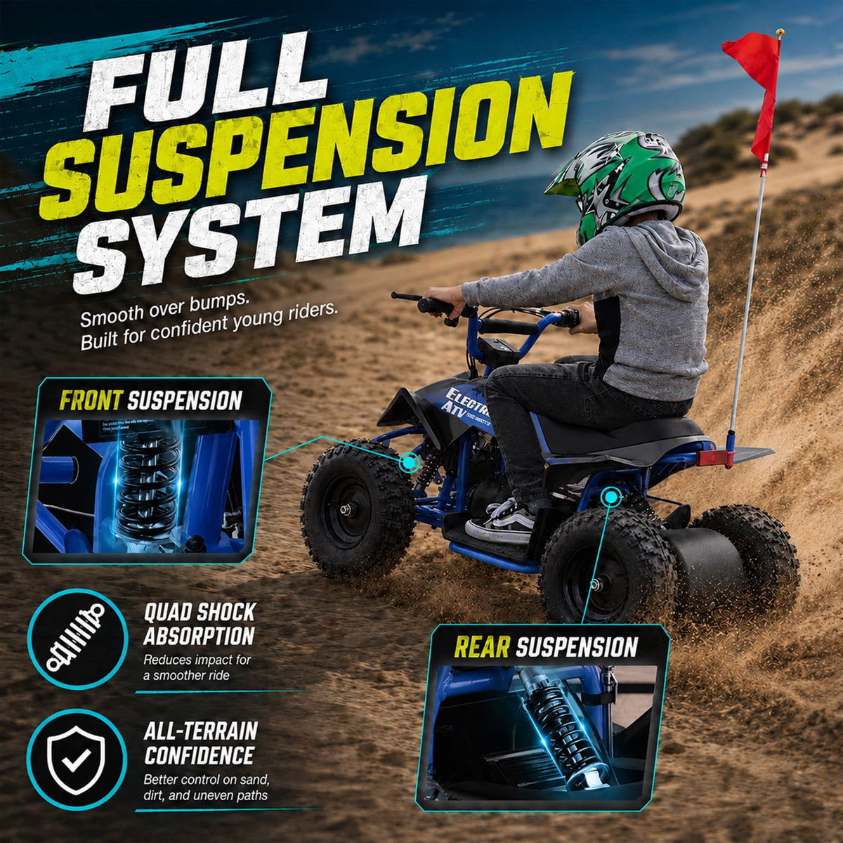 IVFJFV 36V Electric 4 Wheeler, Electric Four Wheeler with Rubber Tires, 500W Off-Road All-Terrain Featuring Dual Speed Adjust, Front Rear Shock Absorbers, Multiple Safety Protection Designs,BLUE