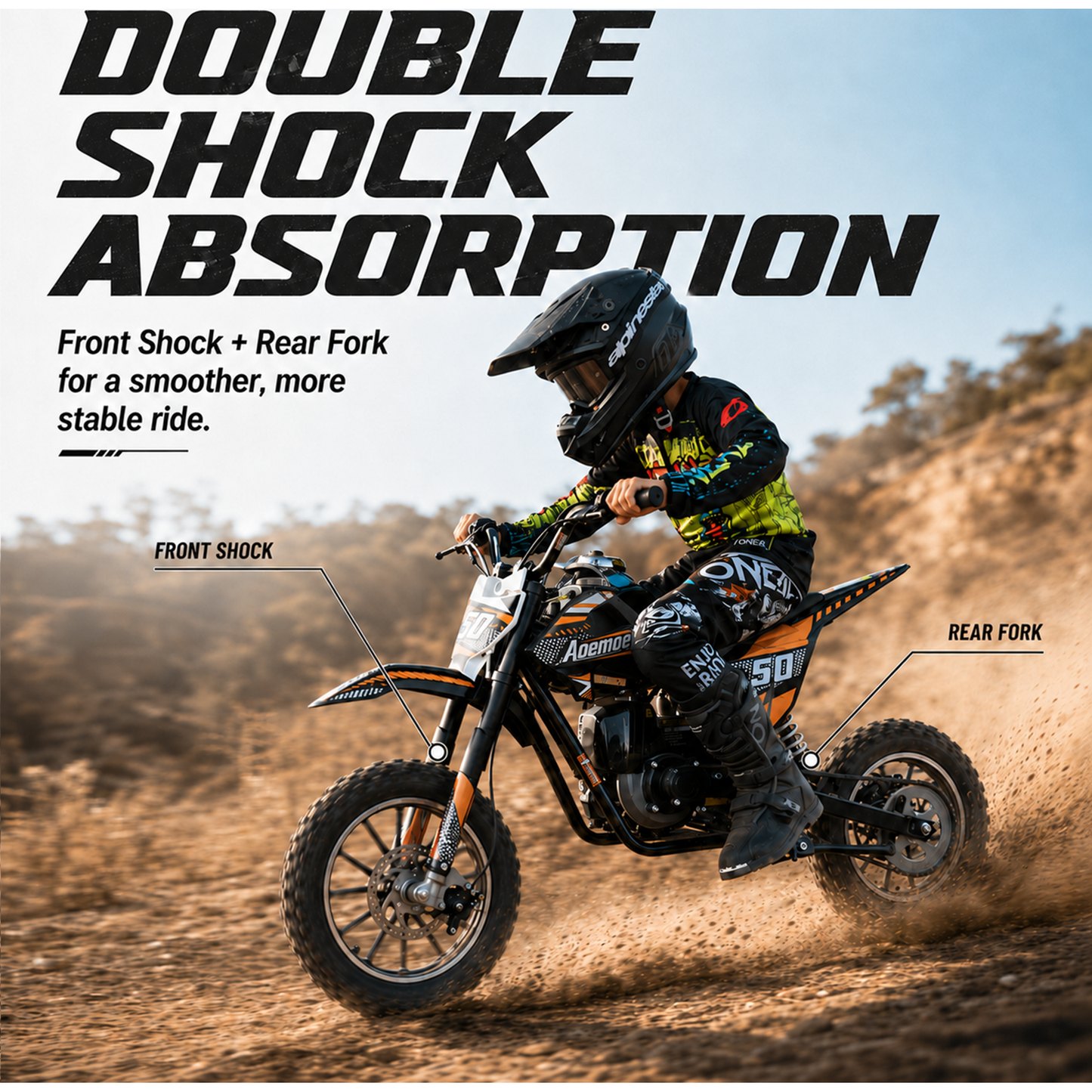 Aoemoe 39cc motor bike, 20mph gas dirt bikes for boys 8 12, Disc Brakes, Max Load 165Lbs, kids dirt bike, Orange