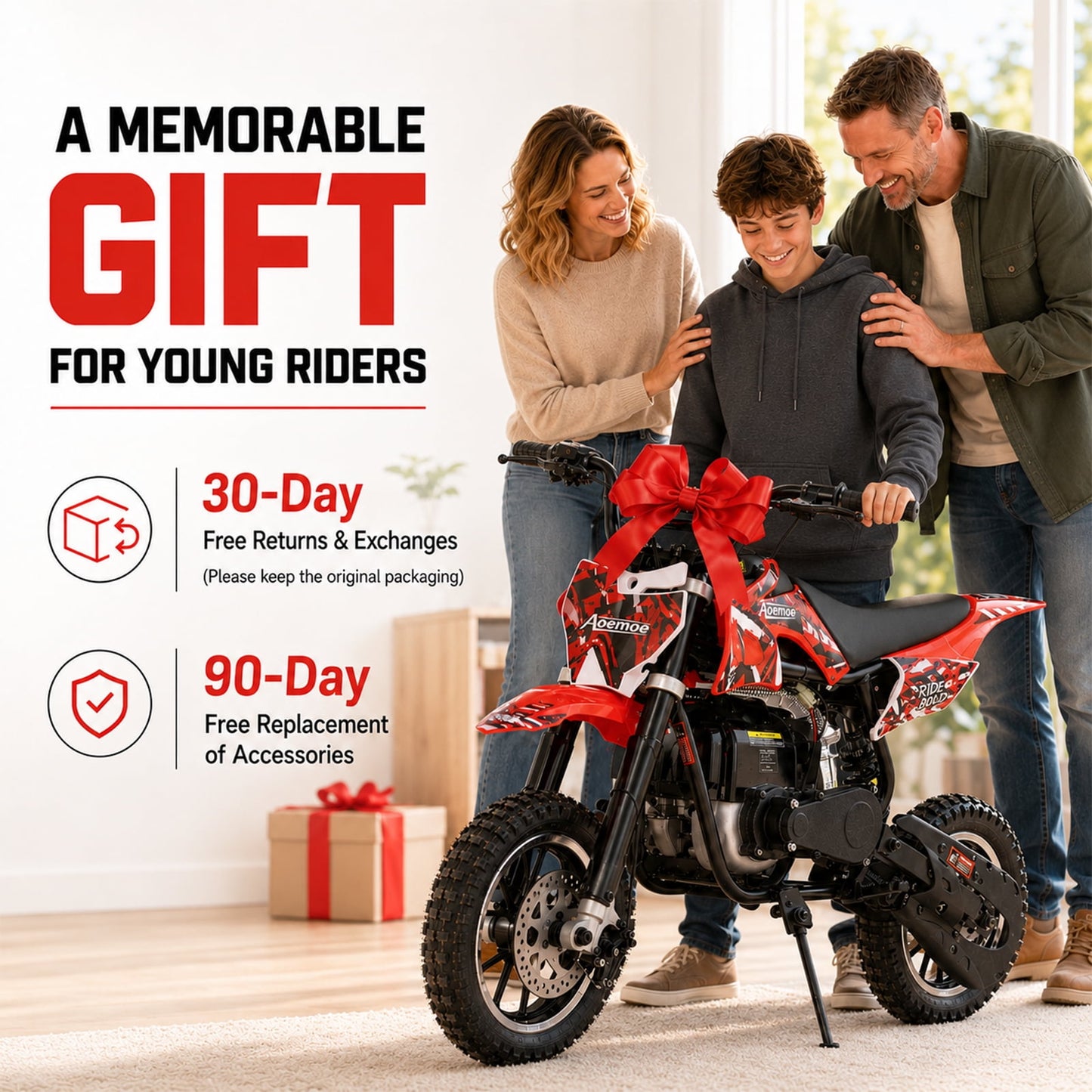 Aoemoe dirt bicycles, 39cc gas power motorcycle, 45×24×16in , 4-Stroke, dirt bicycles for kid 8 14, Red