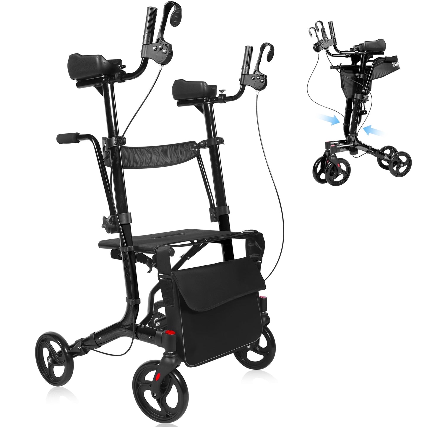 QEASET Black Upright Rollator Walker, Folding Wheelchair, Mother's Day Gift