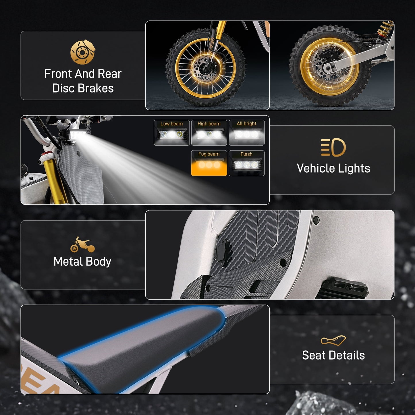 Teen Electric Dirt Bike 48V 3000W (Peak Power) – Trail-Ready Power, 25 mi Range, Gold