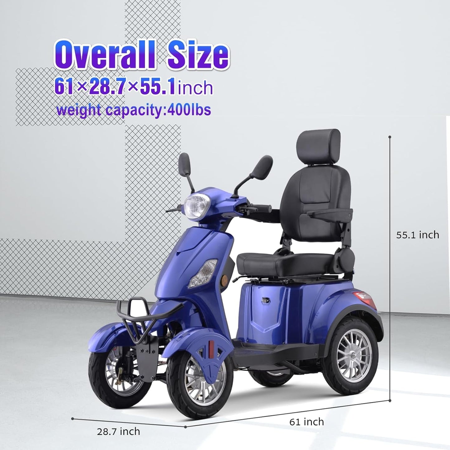 Super Large Electric 4 Wheel Mobility Scooters, Heavy Duty 800W Wheelchair Device, 500 LBS Capacity for Seniors & Adults, Speed Adjust, Remote Key, Receive Ready to Ride.（Blue）