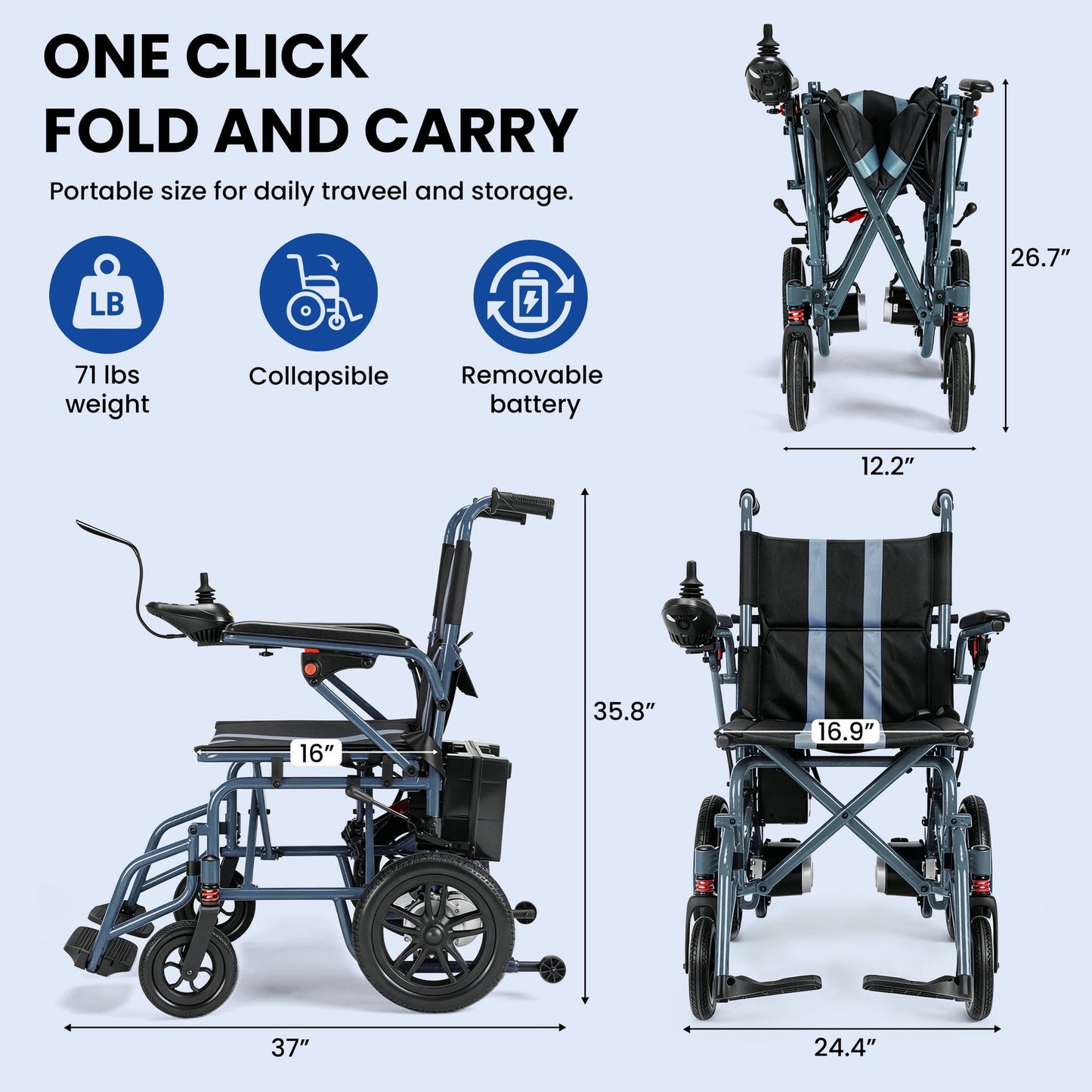Electric Wheelchairs for Adults，Lightweight Foldable Wheelchair 15 Miles Long Travel Range, 360° Joystick Control Motorized Wheelchair, Support 286 lbs with LED Light Power Wheelchair (Blue)
