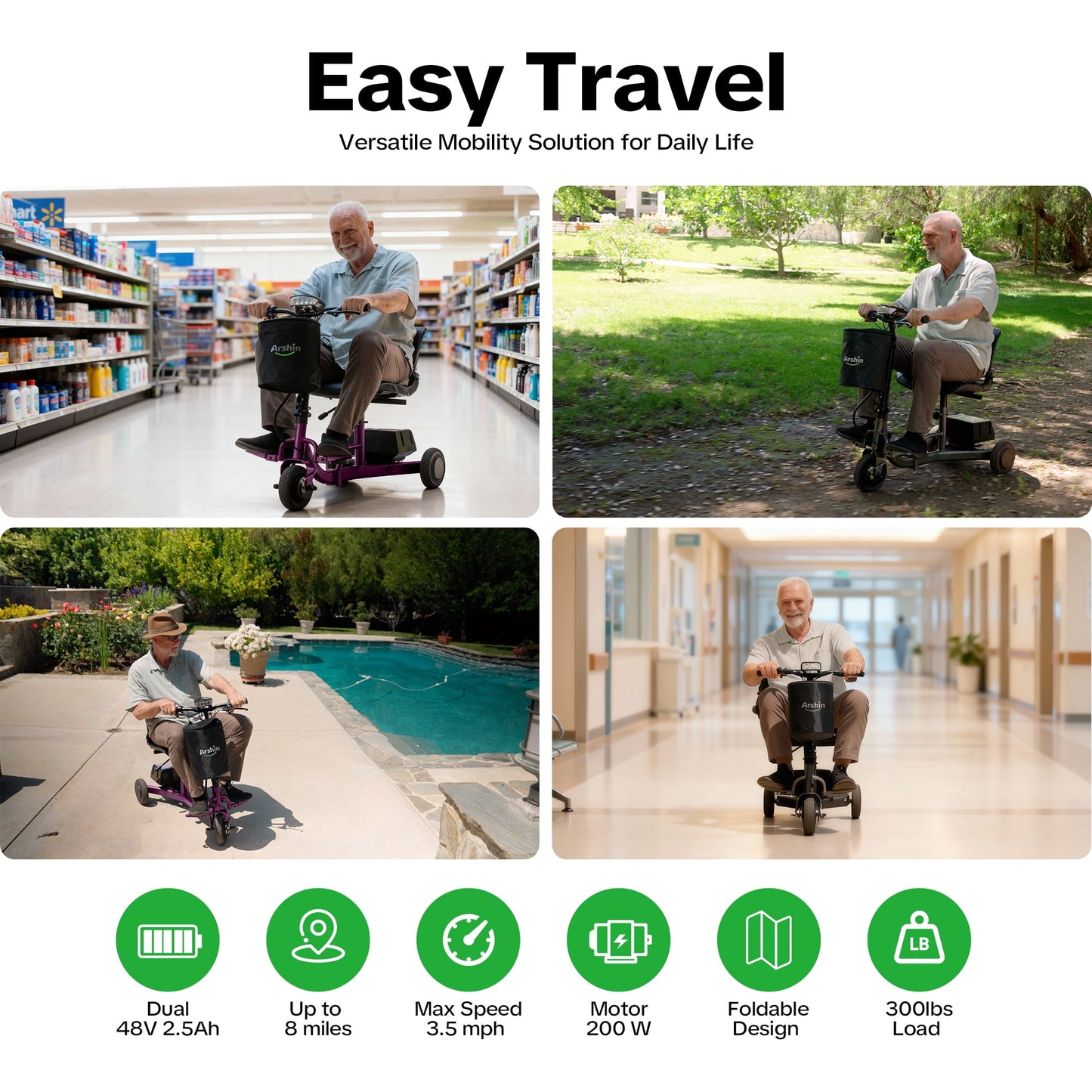 Ultra-Lightweight Foldable Mobility Scooters for Seniors & Adults,All Terrain Mobility Scooter with 300lbs,Arshin Electric Wheelchair Strong Device for Travel,2 Batteries,Variable Speed(Purple)