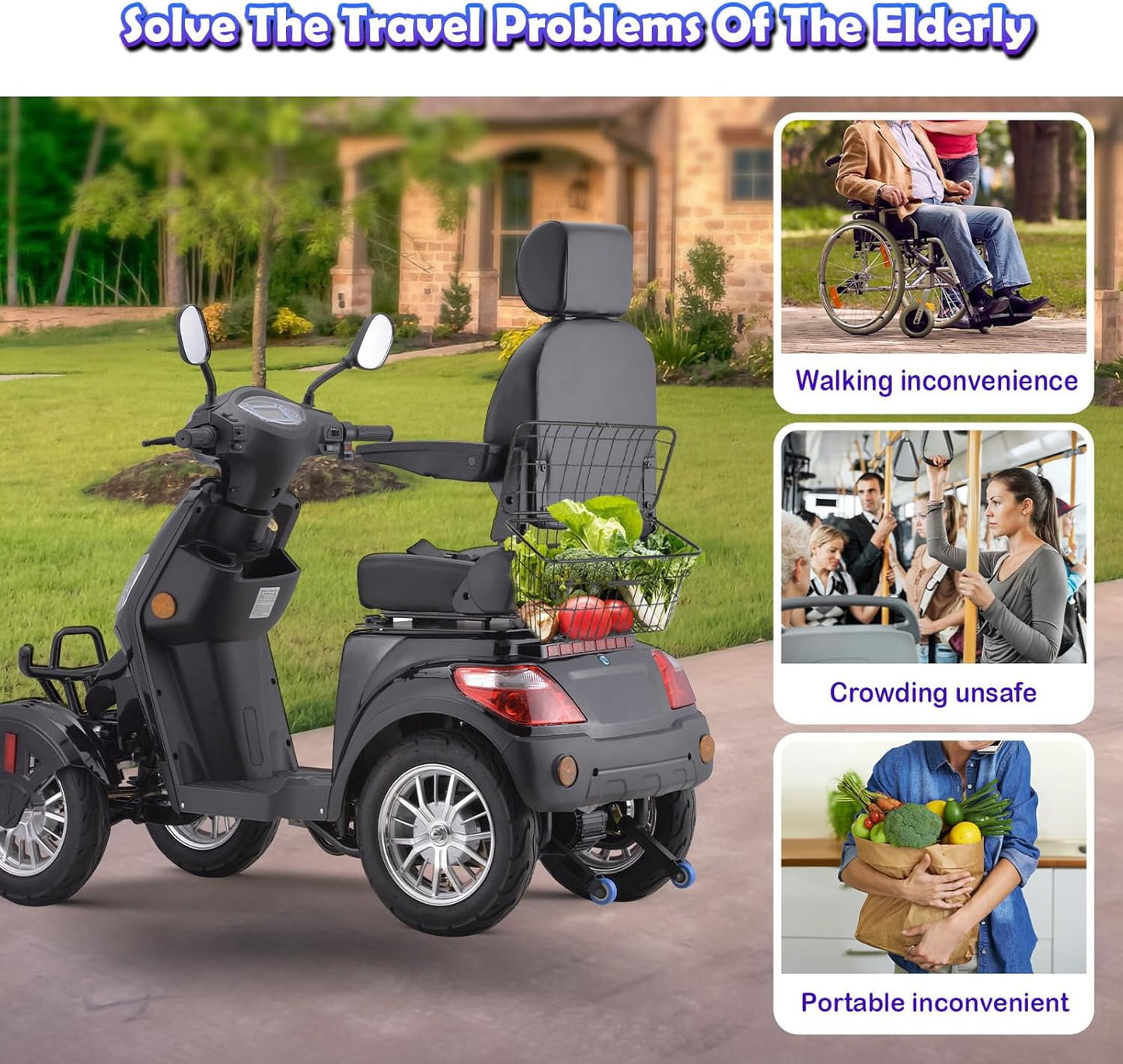 Super Large Electric 4 Wheel Mobility Scooters, Heavy Duty 800W Wheelchair Device, 500 LBS Capacity for Seniors & Adults, Speed Adjust, Remote Key, Receive Ready to Ride.（Black）