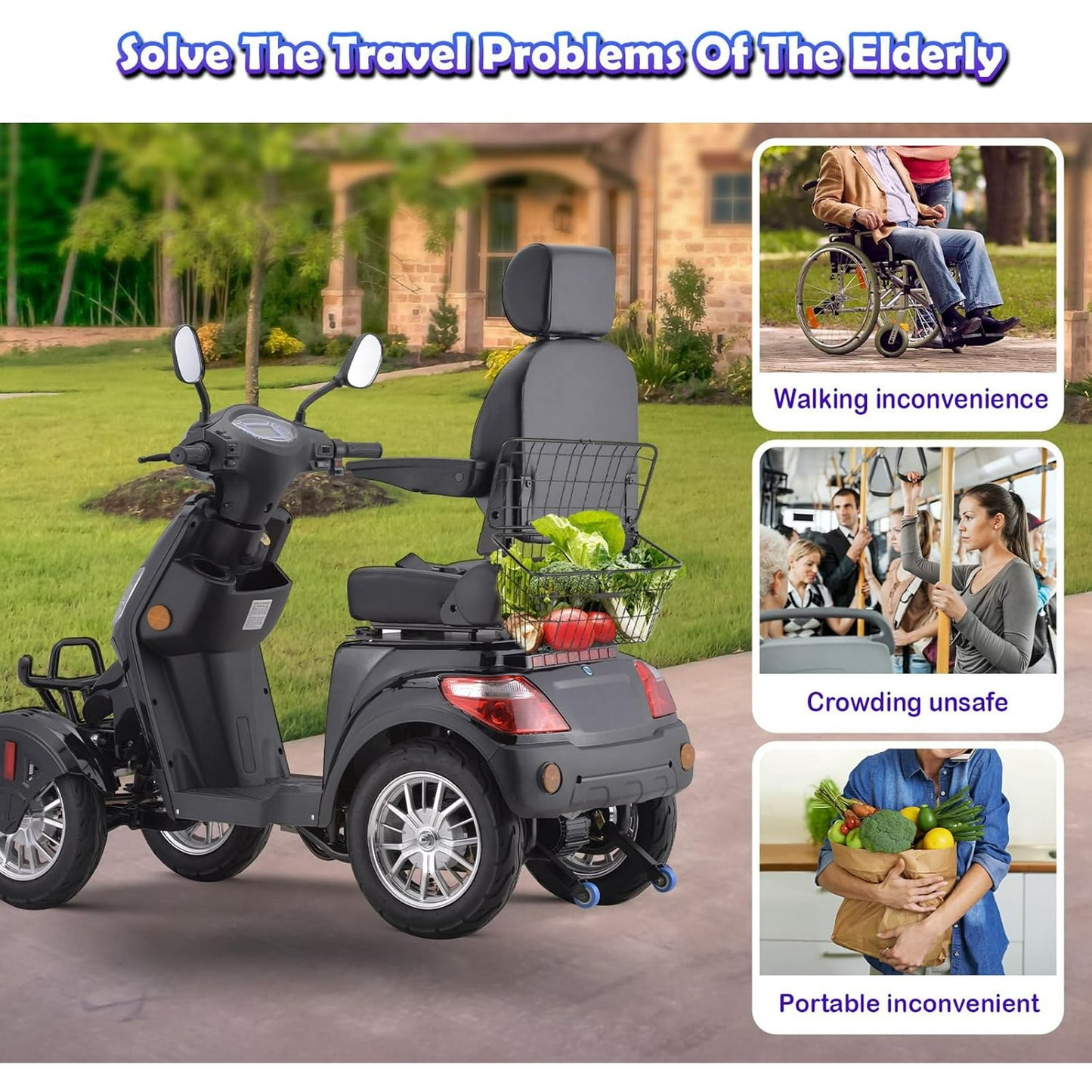 Super Large Electric 4 Wheel Mobility Scooters, Heavy Duty 800W Wheelchair Device, 500 LBS Capacity for Seniors & Adults, Speed Adjust, Remote Key, Receive Ready to Ride.（Black）