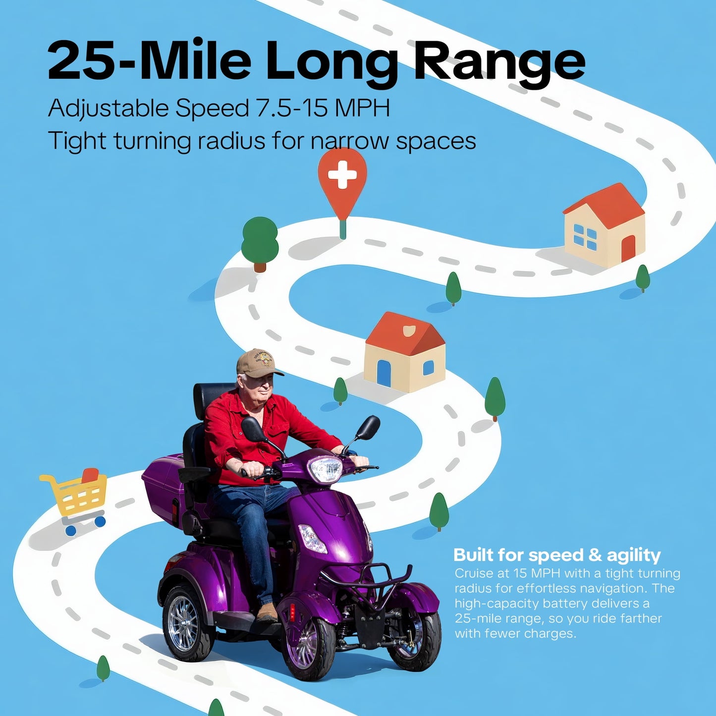 Arshin Mobility Scooters for Seniors & Adults,500lbs Capacity Heavy Duty Electric Mobility Scooters with 4 Wheels,800W Long Range Battery and Speed Adjust Medical Scooter(Purple)