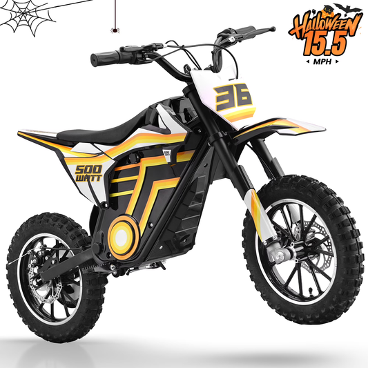 QEASET Motorcycle, Motorized Dirt Bikes for kids 8-14, 36V 500W – 15.5 MPH Top Speed, Dual Suspension, Yellow