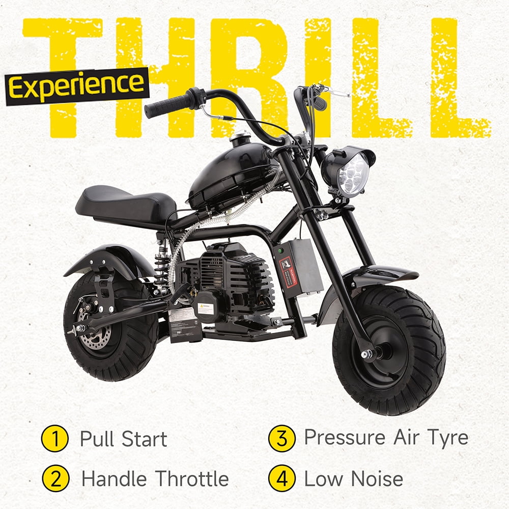 Aoemoe 49cc Gas Mini Chopper for Teens & Adults, Dirt Bike with Headlight, Rear Shock, Disc Brakes, 20MPH, Black