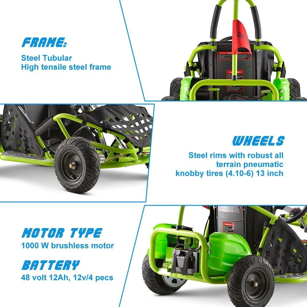 QEASET Electric Go Kart, 48V Powered Ride On Car with Steel Tubular Frame, Seat Belt, 13 inch All-Terrain Tires for Teens(GREEN)