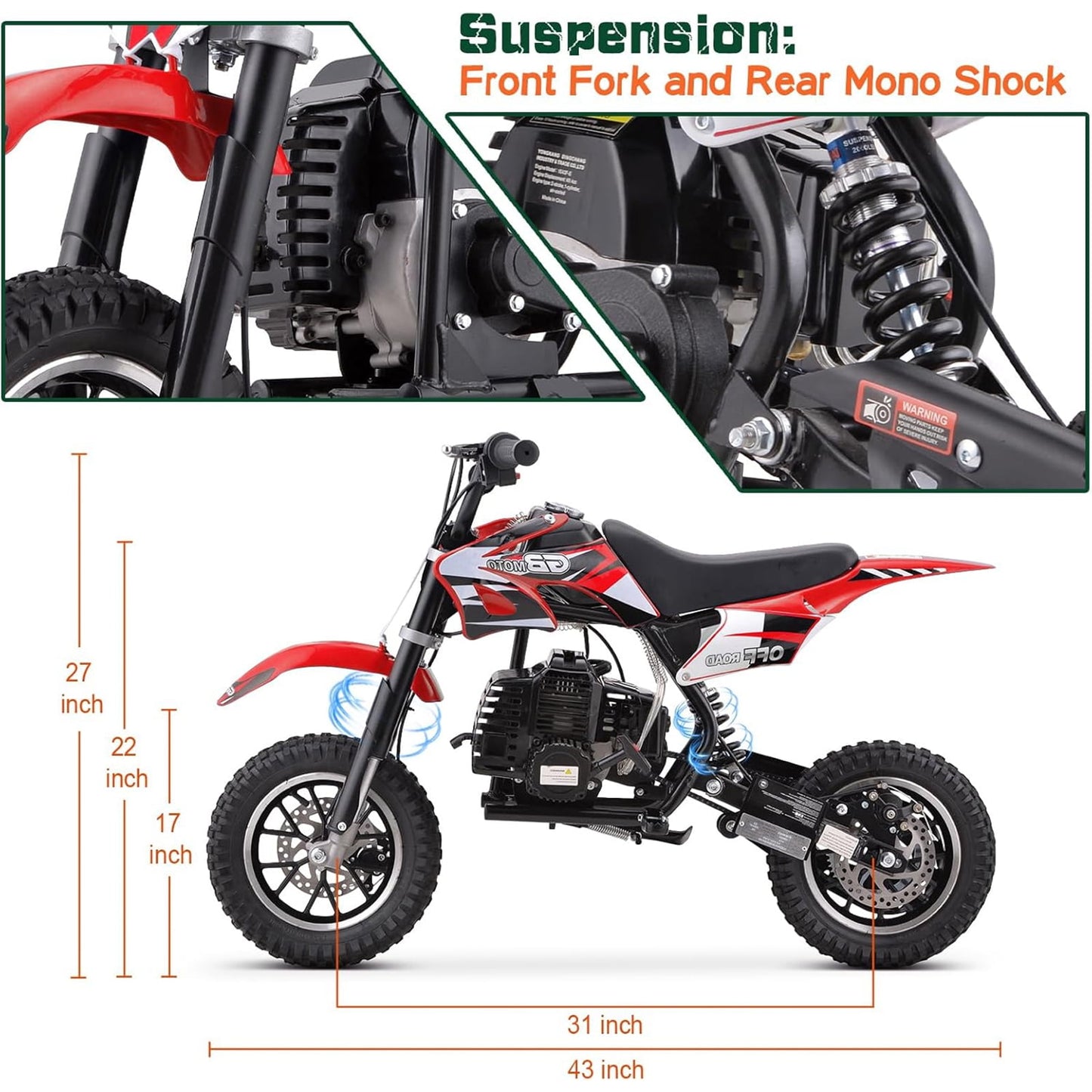 Arshin 50cc 2-Stroke Gas Dirt Bike - 20 MPH Max Speed,Disc Brakes,Perfect Youth & Adult Beginner Pit Bike(Red)