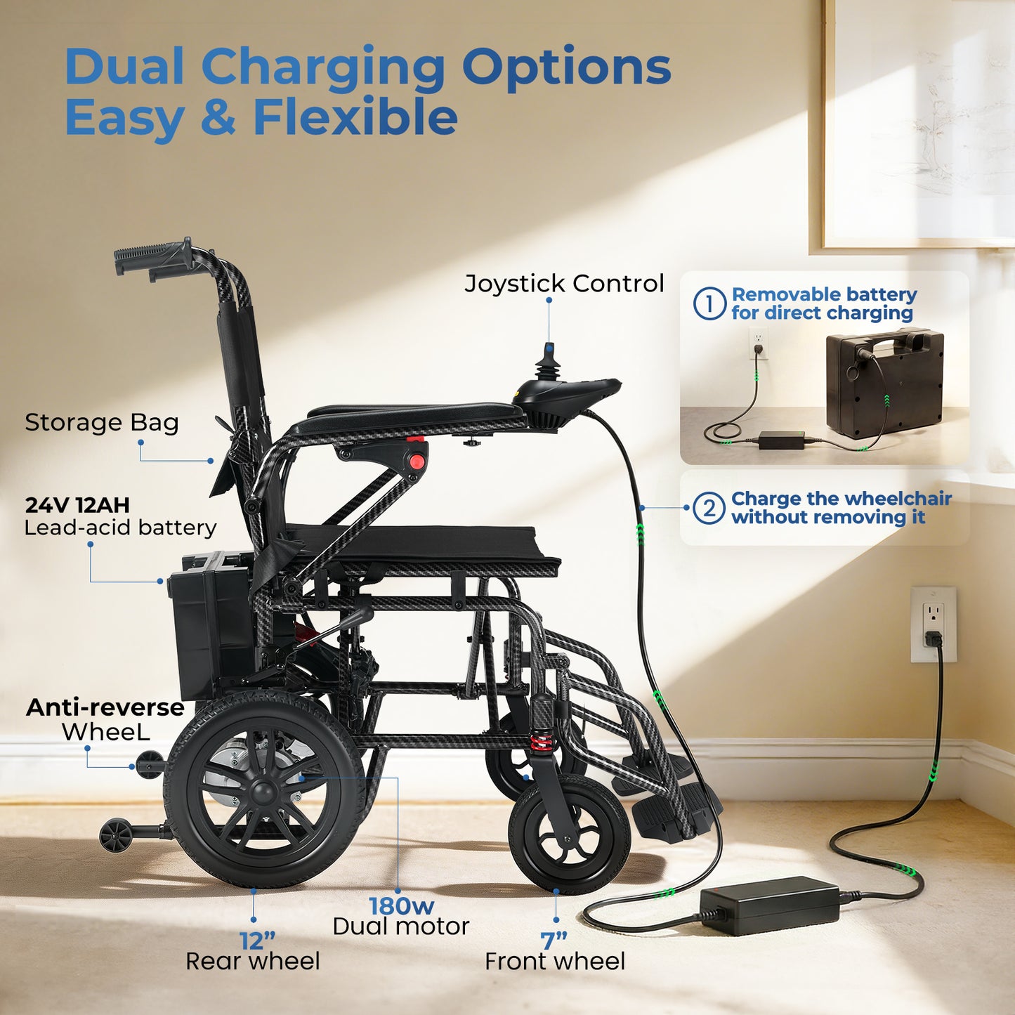 Electric Wheelchair for Adults - Lightweight Foldable Motorized Wheelchair with 15-Mile Long Range, 360° Joystick Control & All-Terrain Power, Supports 286 lbs, LED Safety Lights, Portable for Travel