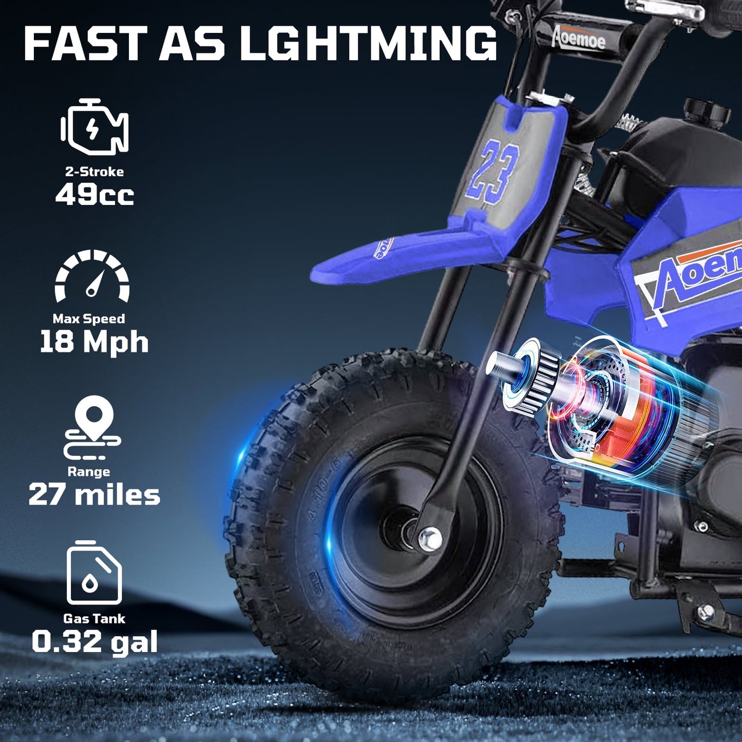 Aoemoe 49cc Kids Dirt Bike Gas Powered, Mini Off-Road Motorcycle with Suspension & Disc Brakes, 18 Mph, 160 Lbs Capacity, Blue