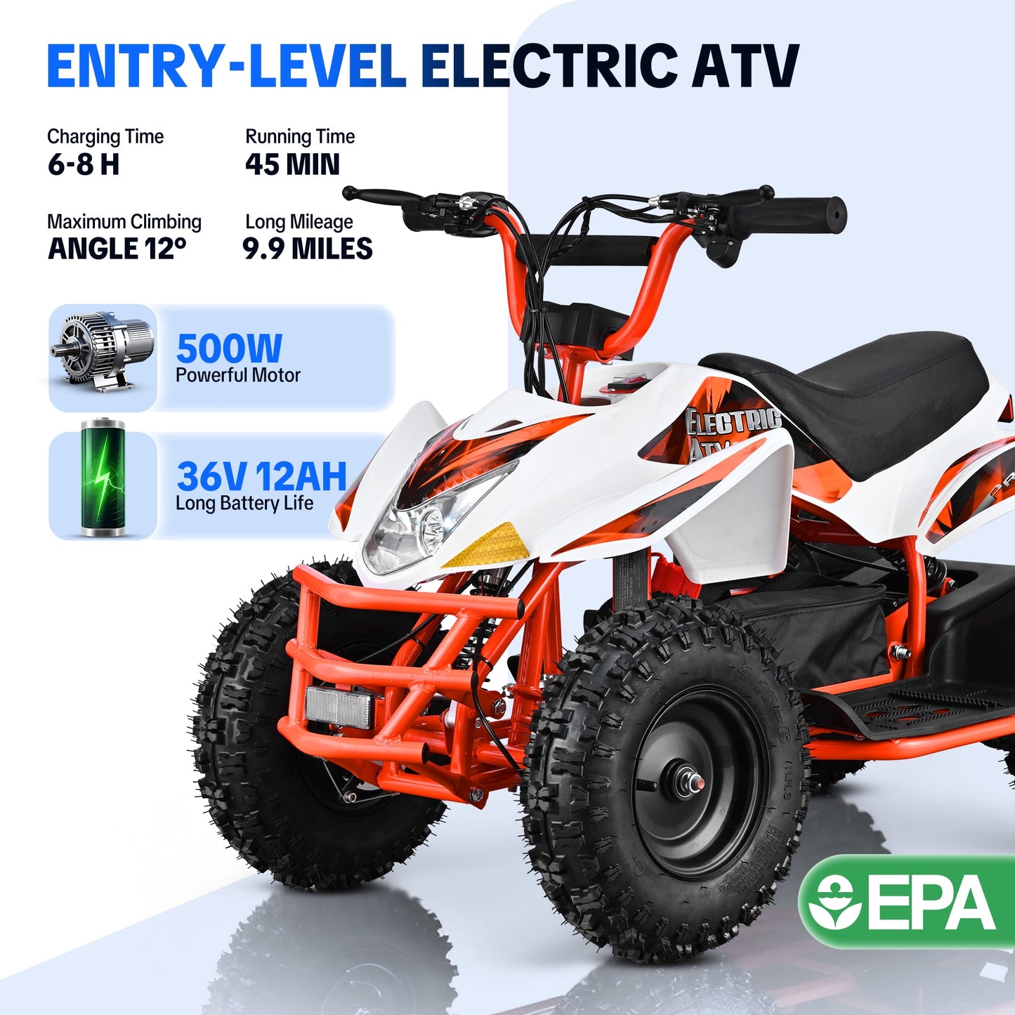 QEASET 500W Sport Ride – 15 mph Speed, 36V Battery, 45–60 Min Run Time, Orange
