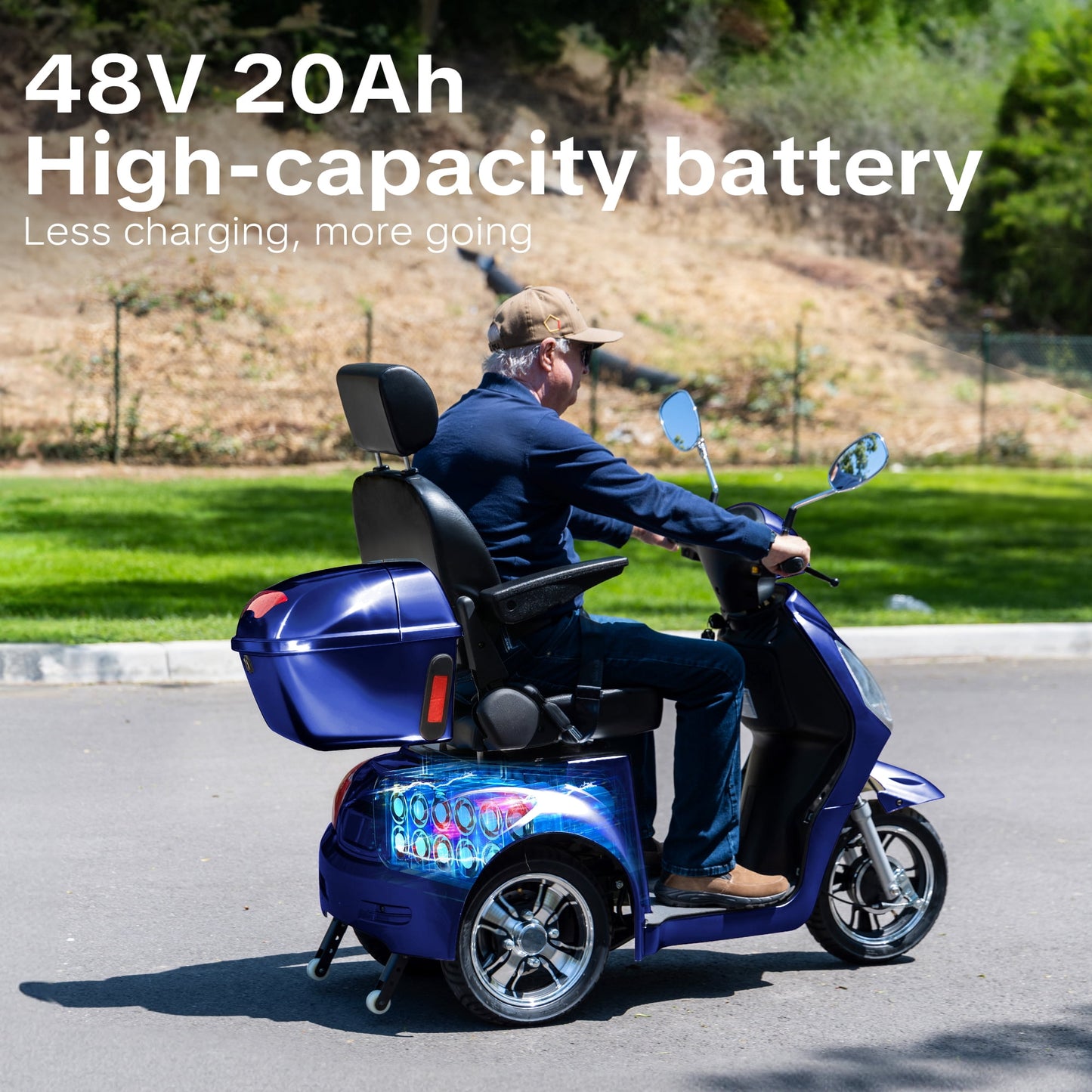 New & Improved 3-Wheel Mobility Scooter for Adults & Seniors - 500 lb Heavy Duty Capacity,31-Mile Range,800W Power for Outdoor Use by Arshin,All-Day Riding,Easy to Use(Blue)