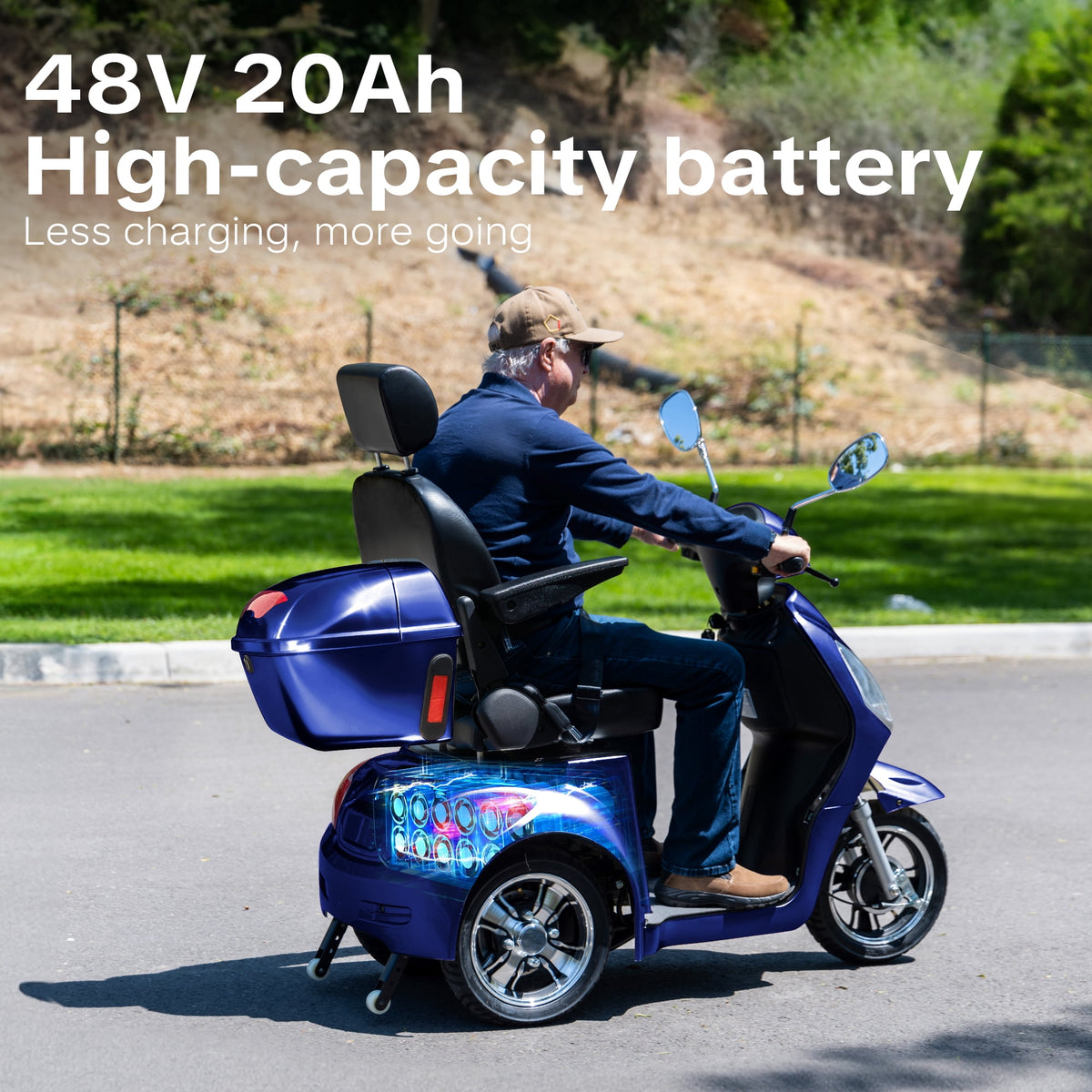 Ostrina 3-Wheel Mobility Scooter for Seniors–500 lb Capacity,800W Motor,31-Mile Long Range,15 MPH Top Speed,Premium Comfort Seat,Rear Trunk,No Assembly(Blue)