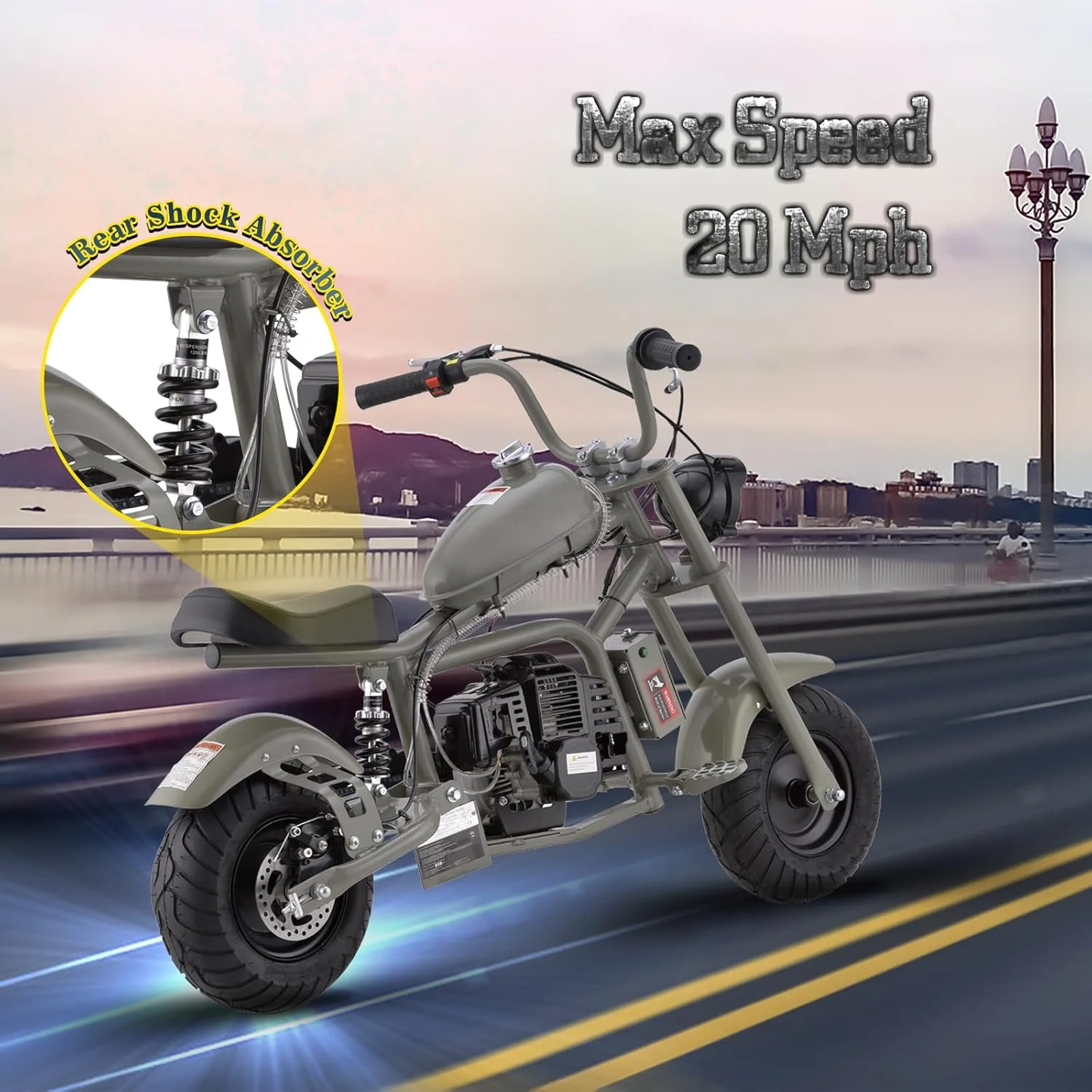 Aoemoe Gas Mini Chopper Bike, DB003 Model 49.4 CC 2-Stroke Dirt Bike with Big Headlight, Rear Shock Absorber, Metal Frame, Disc Brakes, Max Load 165Lbs, Up to 18Mph（Gray）
