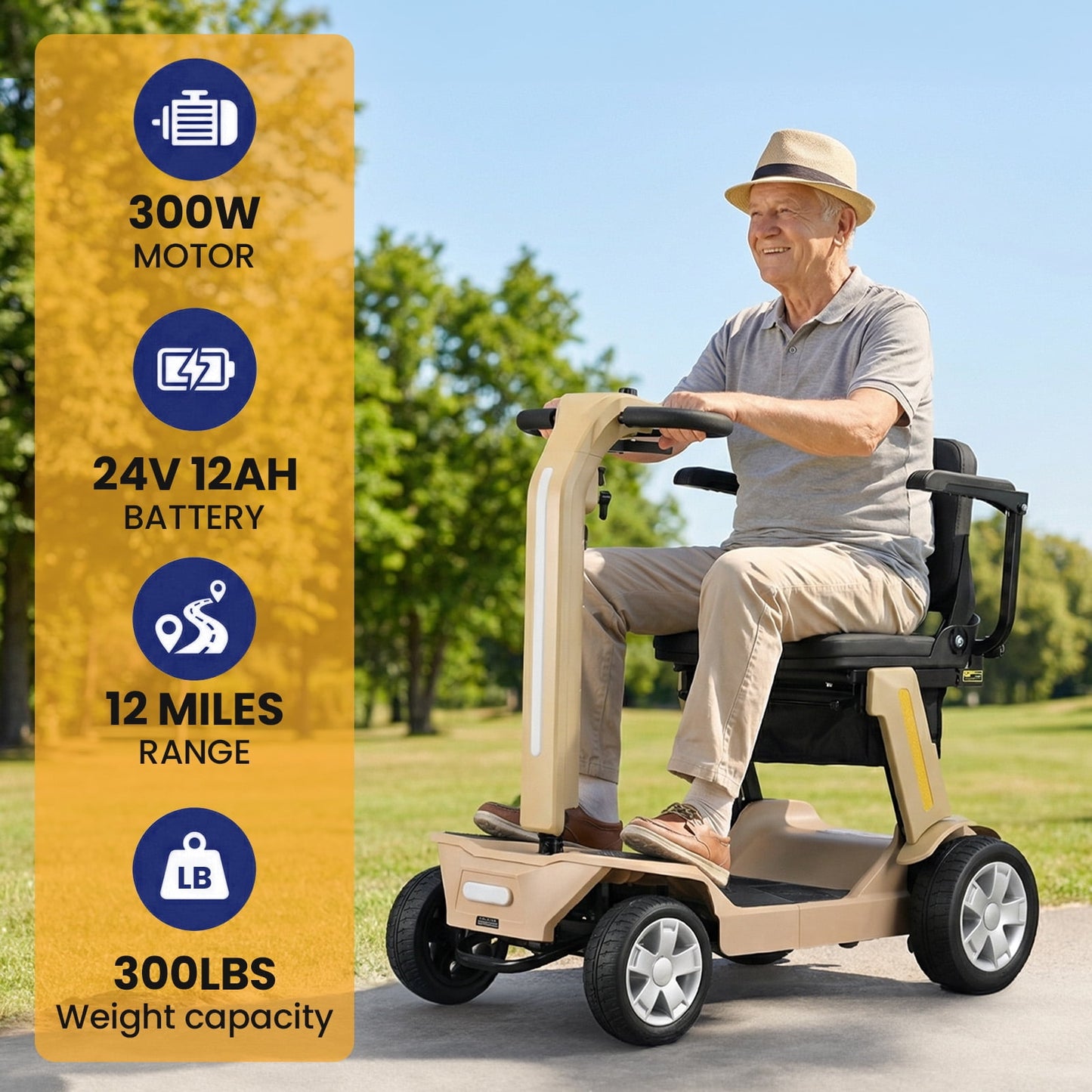 Easy-to-Use Mobility Scooter for Seniors,Lightweight Foldable,300lbs Capacity,Yellow