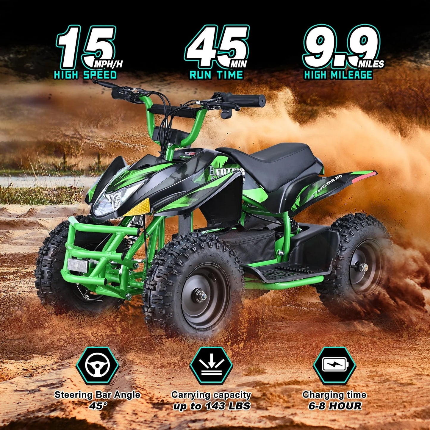 QEASET 500W Sport Ride – 15 mph Speed, 36V Battery, 45–60 Min Run Time, Green