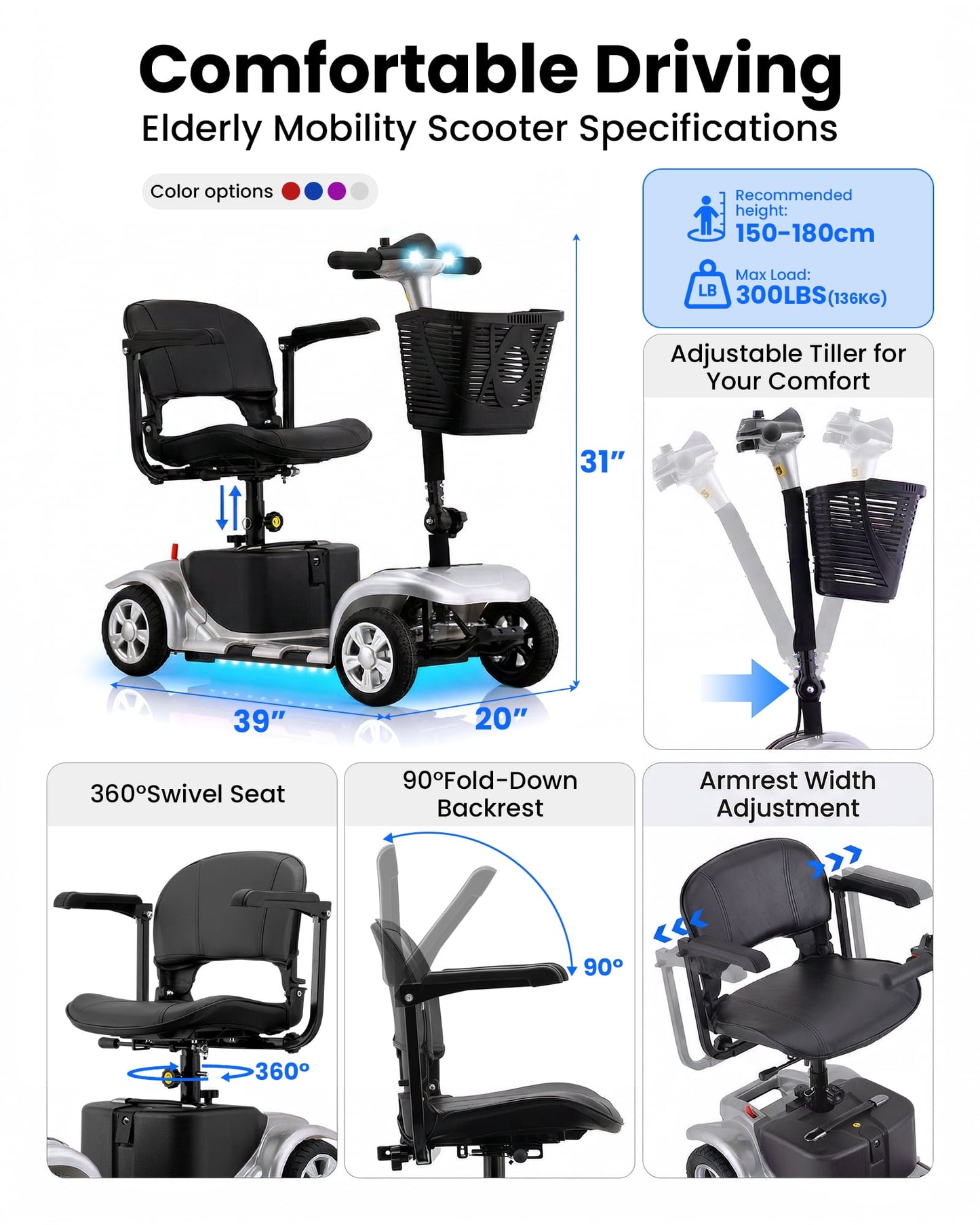 4 Wheels Mobility Scooter for Adults, Senior Electric Powered Chargeable Device for Travel, Lightweight and Portable, with LED Headlights and Basket, Charger Included (Silver)