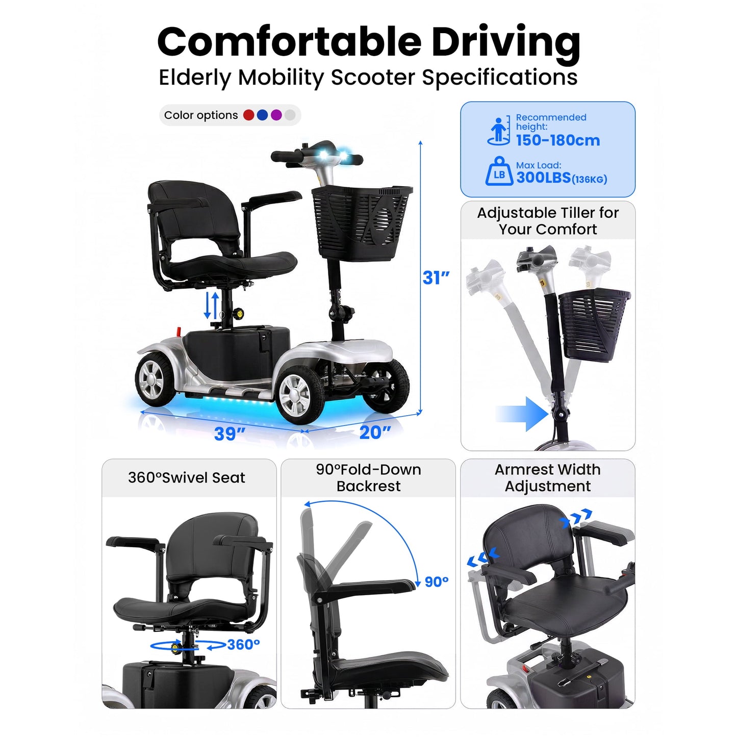 QEASET 4 Wheel Mobility Scooter,Mobility Scooter for Adults, Senior, Electric Powered Chargeable Device for Travel, Gifts for the elderly