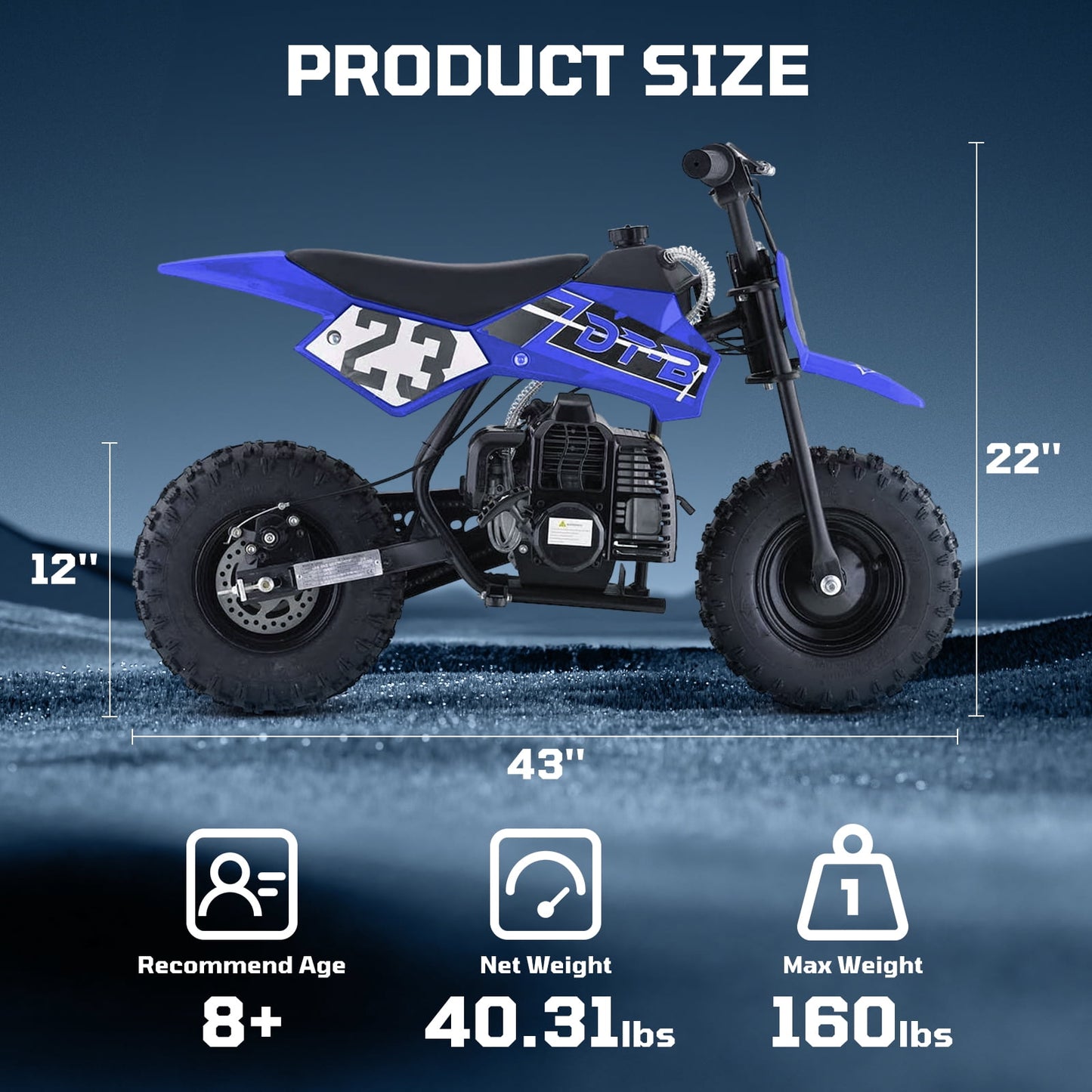 Aoemoe Mini Kid Dirt Bike, 49 CC 2-Stroke Gas Bike with Off-Rode Tire, Suspensions, Disc Brakes, Max Load 160Lbs, Up to 20Mph, EPA Approved