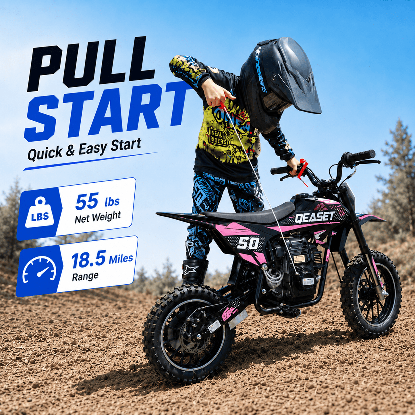 QEASET Mini Gas Powered Ride-On Motorcycle, 39CC 4-Stroke Engine with Disc Brakes, 20 MPH Top Speed, 6.3" Ground Clearance, Supports Up to 165 lbs, Minimal Assembly, Pink