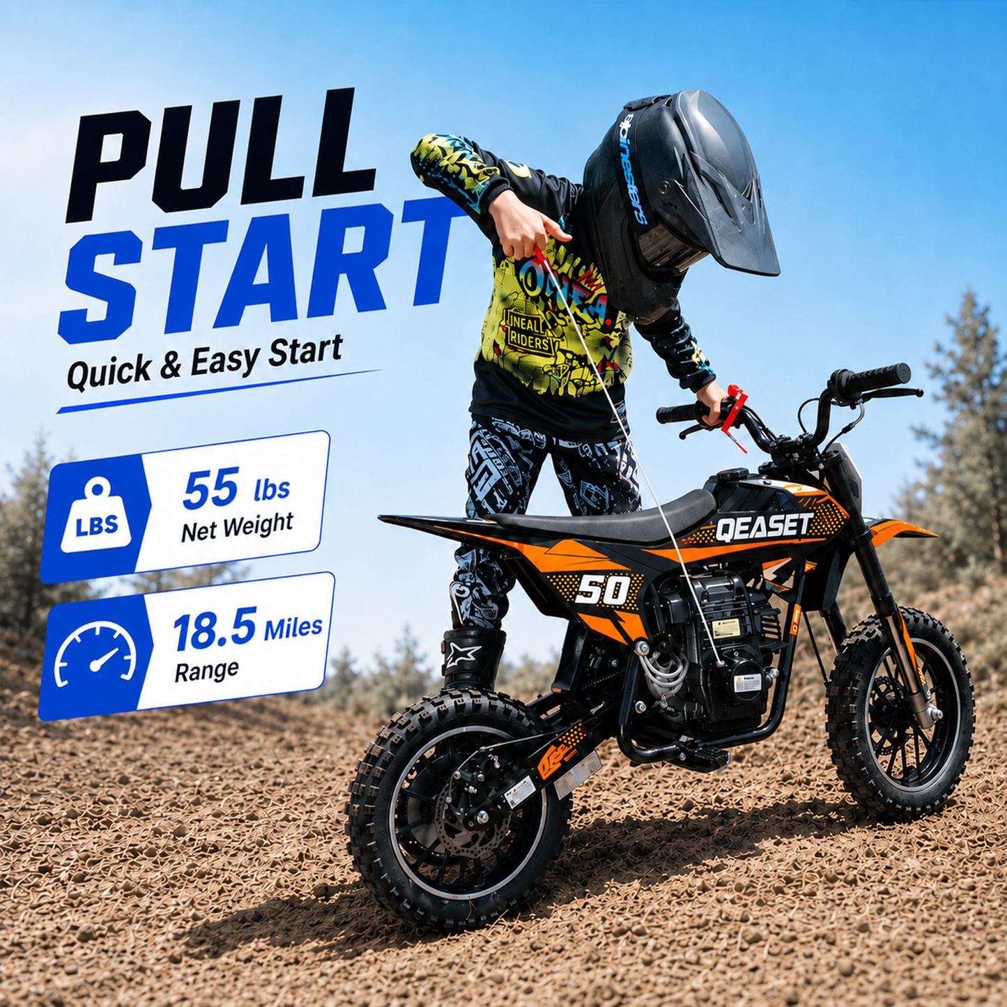 QEASET Mini Gas Powered Ride-On Motorcycle, 39CC 4-Stroke Engine with Disc Brakes, 20 MPH Top Speed, 6.3" Ground Clearance, Supports Up to 165 lbs, Minimal Assembly, Orange