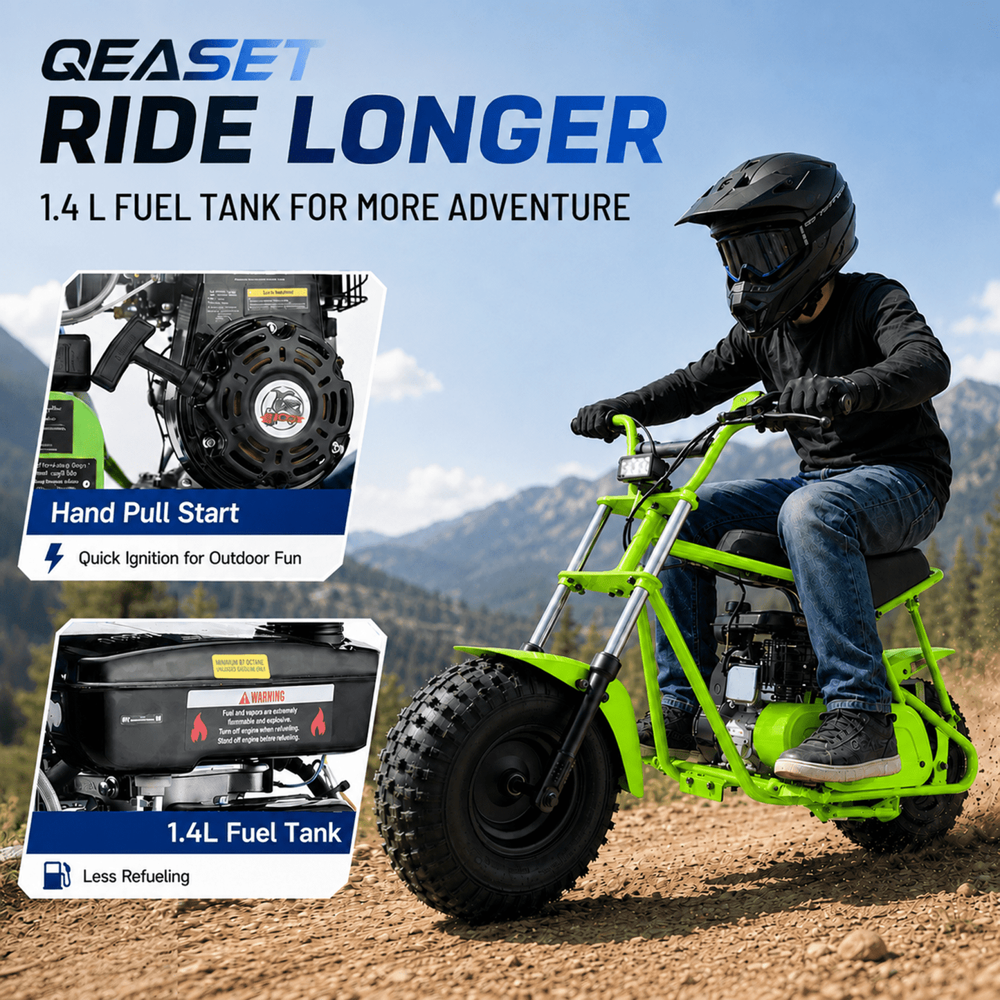 QEASET 105CC 4-Stroke Mini Bike with Shock Absorption, Off-Road Motorcycle, SD
