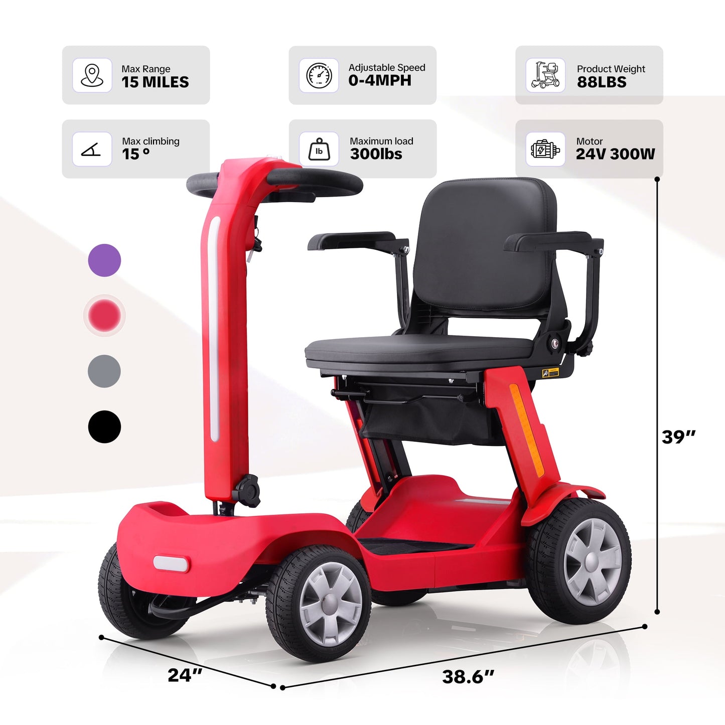 Upgrade Heavy Duty Mobility Scooter for Seniors-Electric Powered Wheelchair,Trunk-Friendly! Best Gift for Mom & Dad,Supports 300 lbs(Red)