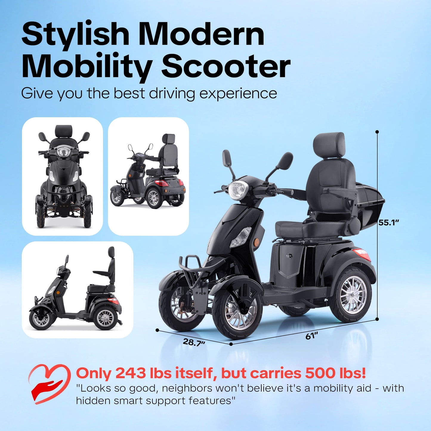 Upgrade Heavy Duty 4 Wheel Mobility Scooters for Seniors & Adults 500lbs Capacity,Arshin 800W All Terrain Fast Mobility Scooter for Travel,Electric Powered Chair,25 Miles Rang,Remote Key(Black)