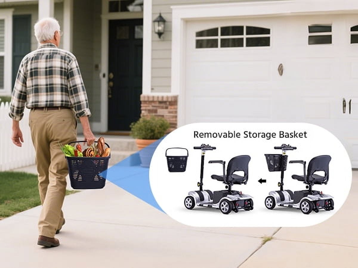 4 Wheels Mobility Scooter for Adults, Senior Electric Powered Chargeable Device for Travel, Lightweight and Portable, with LED Headlights and Basket, Charger Included (Blue)