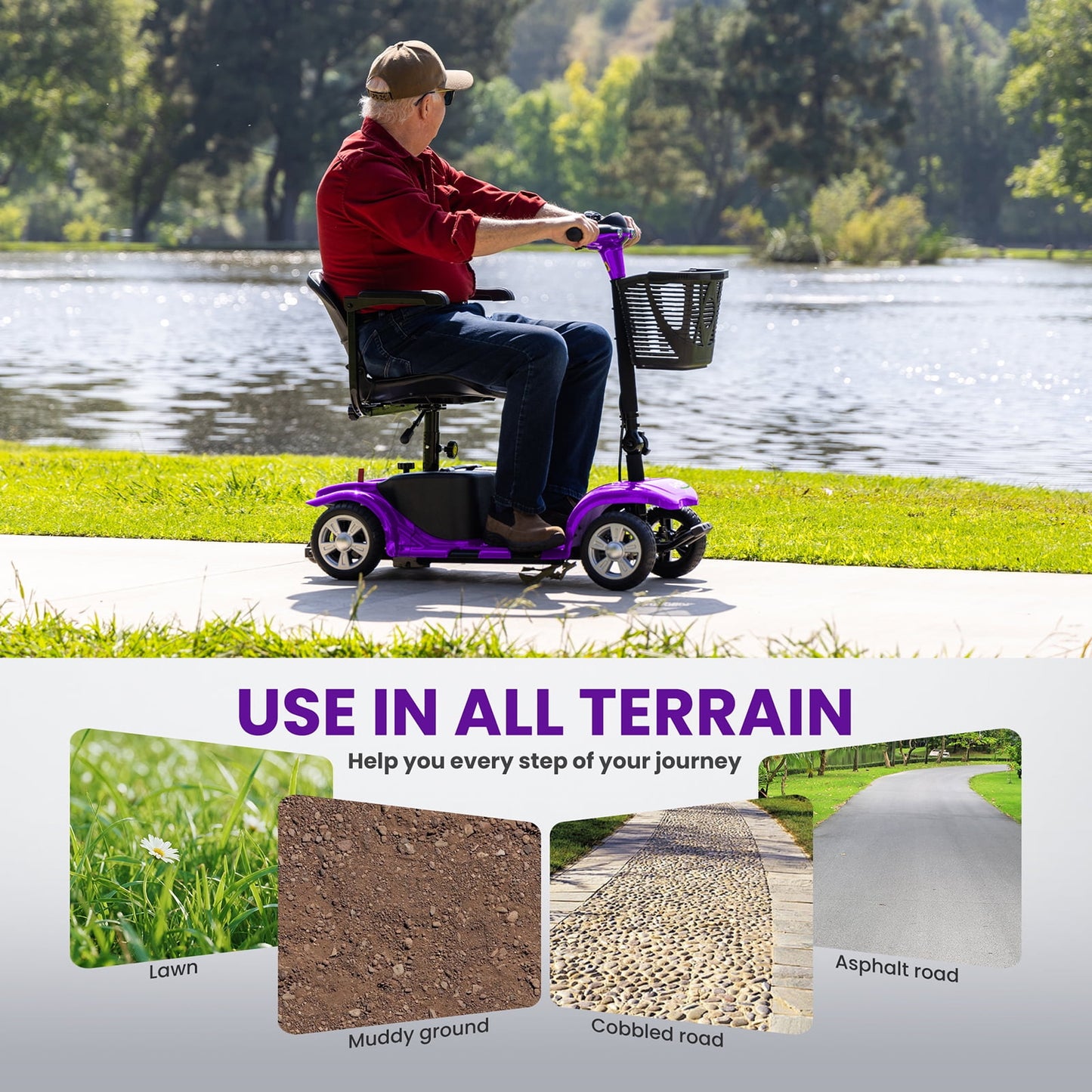 Arshin Mobility Scooter,4 Wheel Mobility Scooter for Adults,Senior,Electric Powered Wheelchair Chargeable Device for Travel,Purple