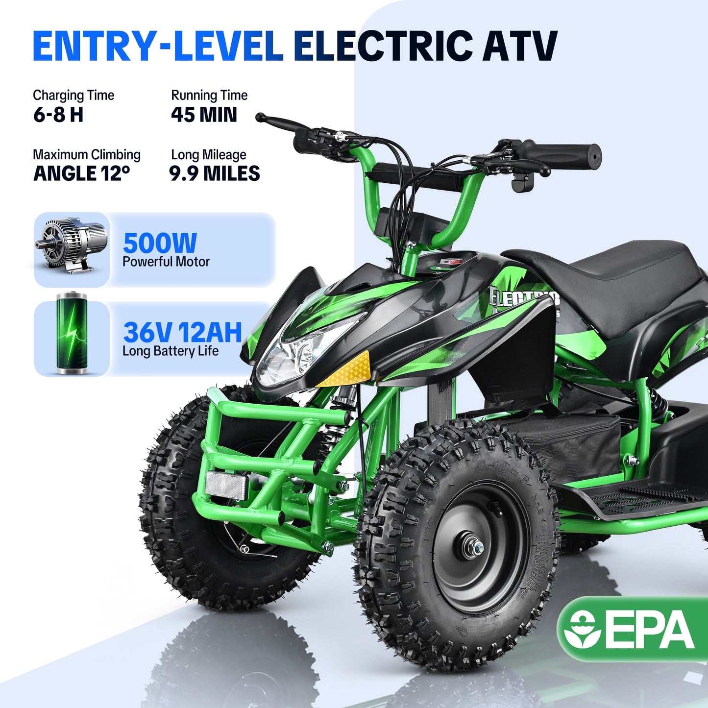 QEASET 500W Sport Ride – 15 mph Speed, 36V Battery, 45–60 Min Run Time, Green