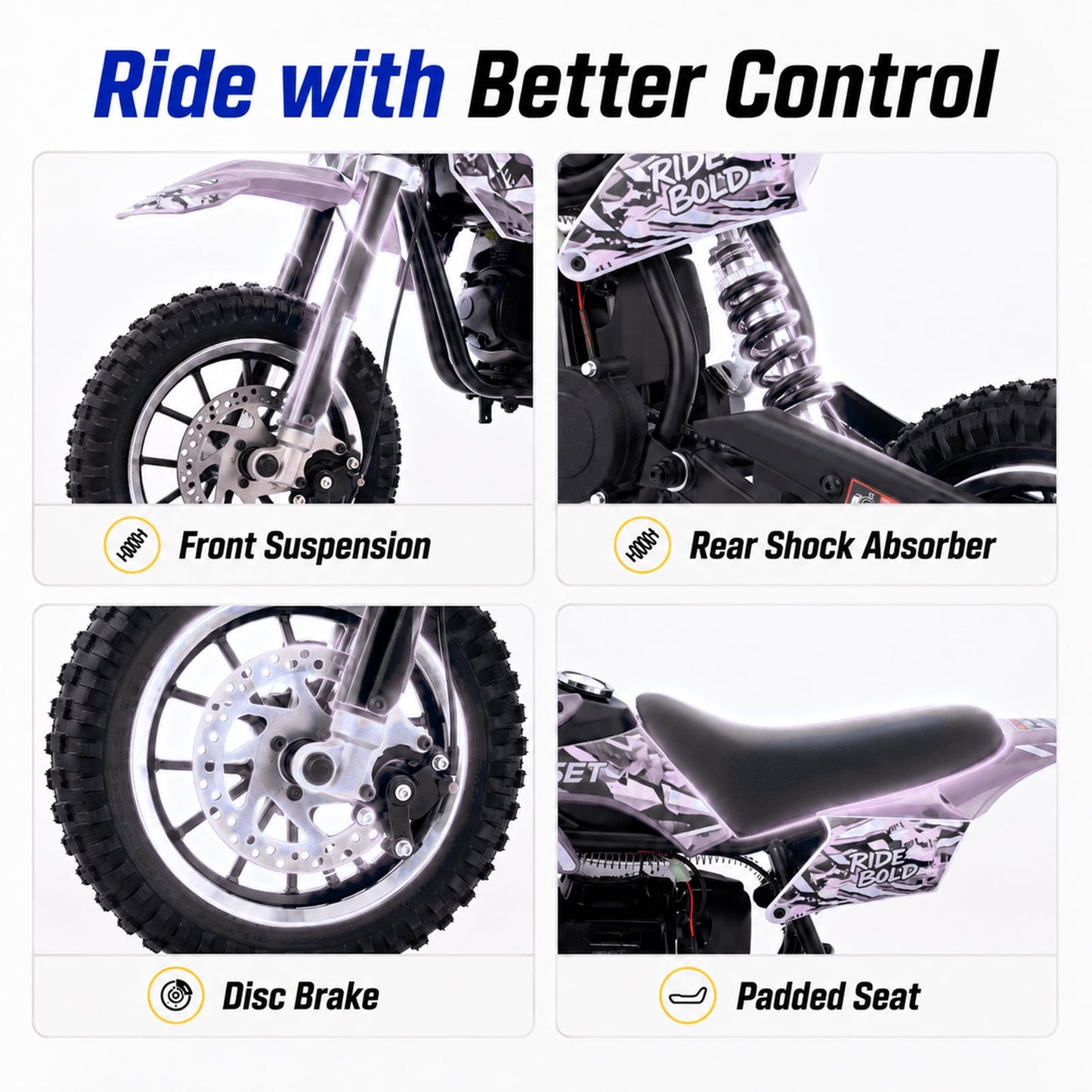 QEASET Mini Bicycles Ride-On Toy, 39cc 4-Stroke Gas Powered Off-Road Motorcycle with Rear Suspension & Disc Brakes, 18 MPH Top Speed, Supports Up to 165 lbs, Black