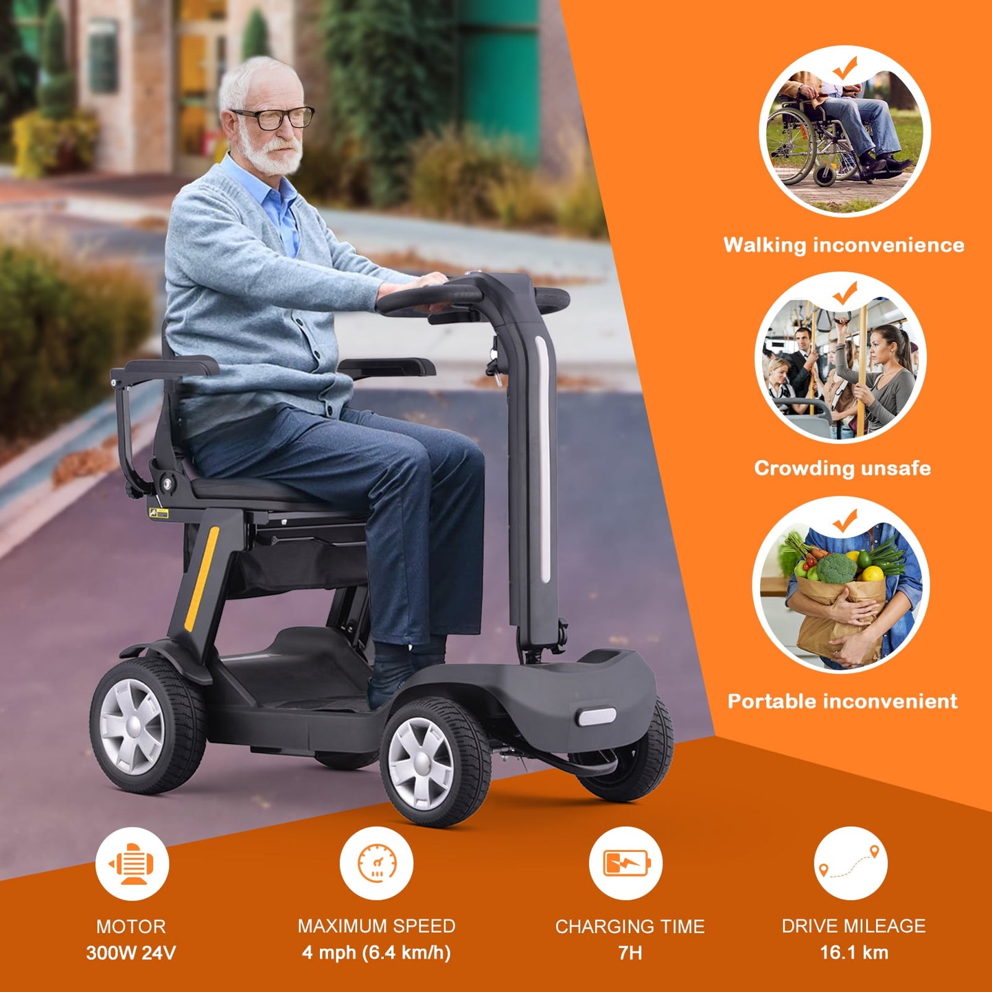 Ultra Lightweight 88lbs Mobility Scooter for Seniors,Arshin Foldable Electric Wheelchair,15 Miles Lithium Battery,300lbs Strong Device for Travel,Legroom for Big & Tall,Silver