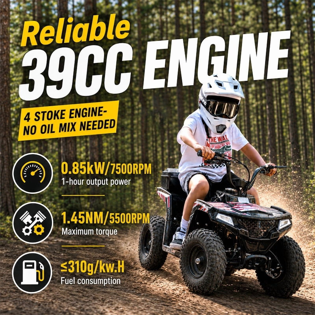 39cc Teen Gas ATV, Gas Powered 4 Wheeler for Teens 16+, 4-Stroke Beginner ATV, Up to 15 MPH, Adjustable Speed, Safety Switches, Front & Rear Brake - Flag
