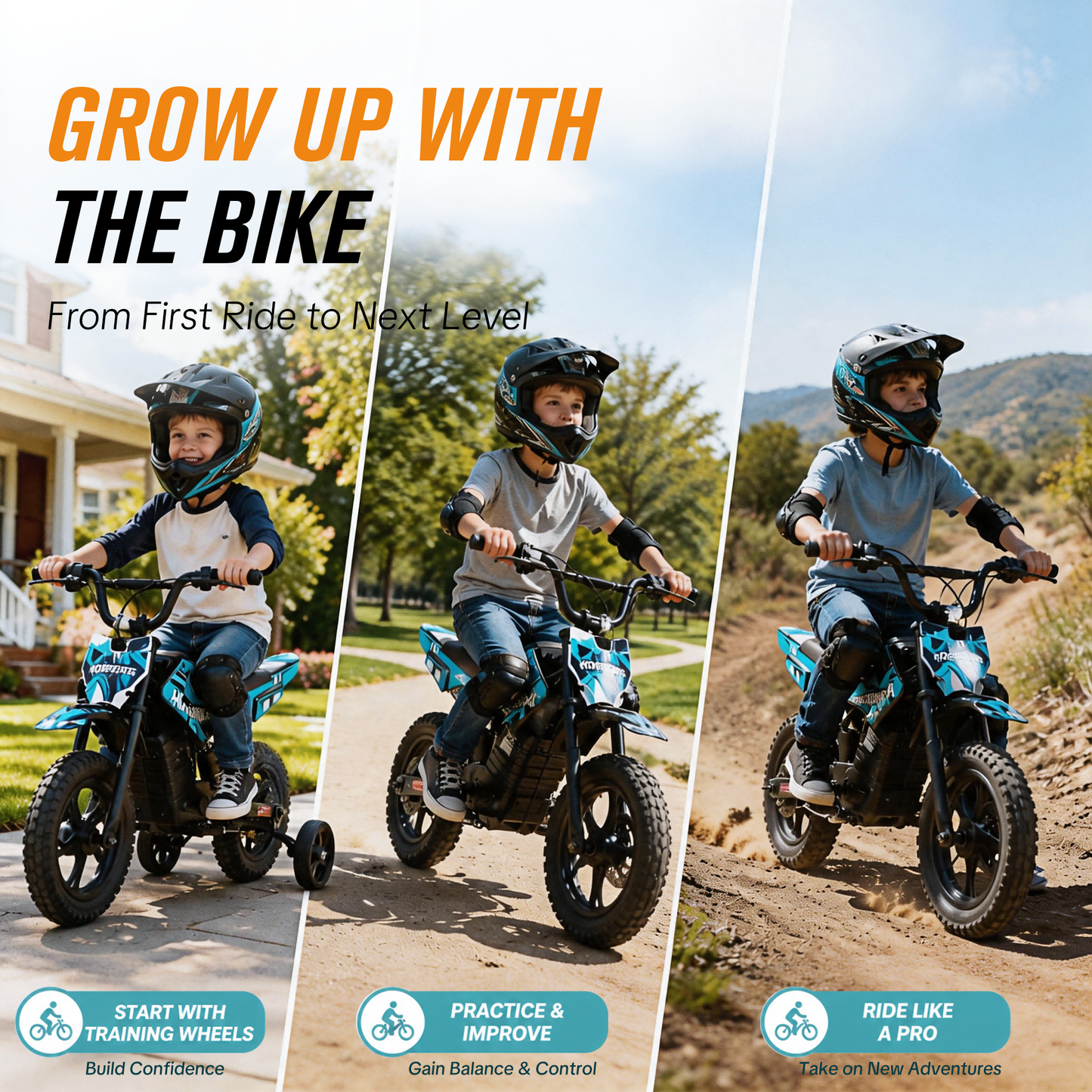 QEASET Dirt Rocket - Teal Blue with Decals, up to 6.21 mph, 24V Electric Dirt Bike for Child 8+