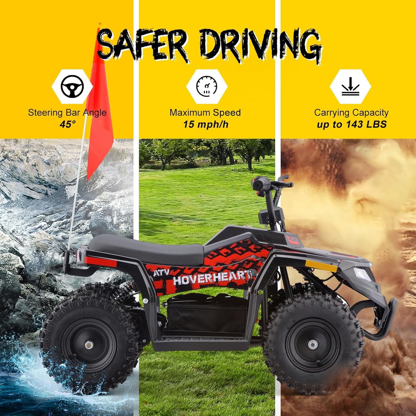 36V Electric 500W Motor 4-Wheeler with Front & Rear Suspension, IVFJFV Electric 4-wheel Off-Road Tires & Safety Flag & LED Headlights,Power Ride on Car for Age 8-14