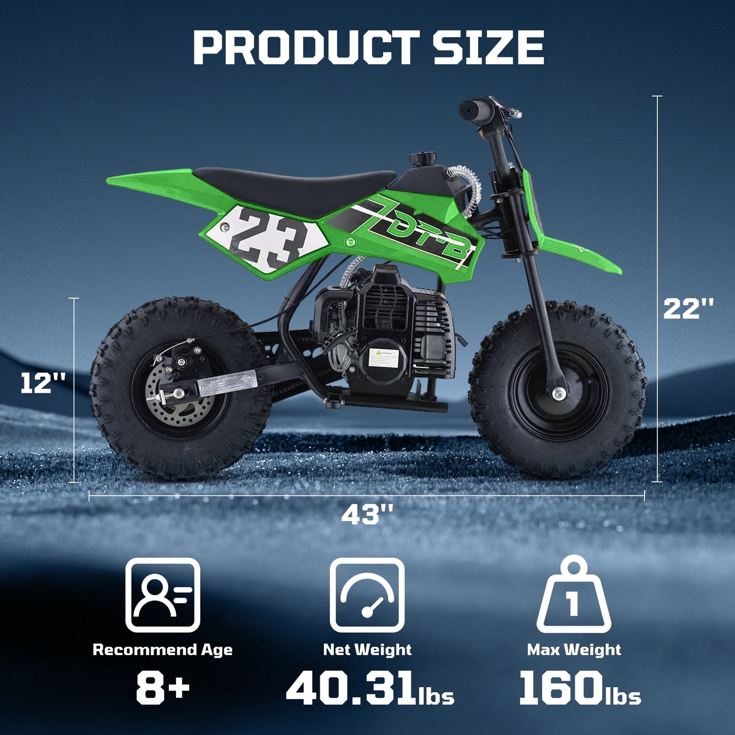 Aoemoe Mini Kid Dirt Bike, 49 CC 2-Stroke Gas Bike with Off-Rode Tire, Suspensions, Disc Brakes, Max Load 160Lbs, Up to 20Mph, EPA Approved