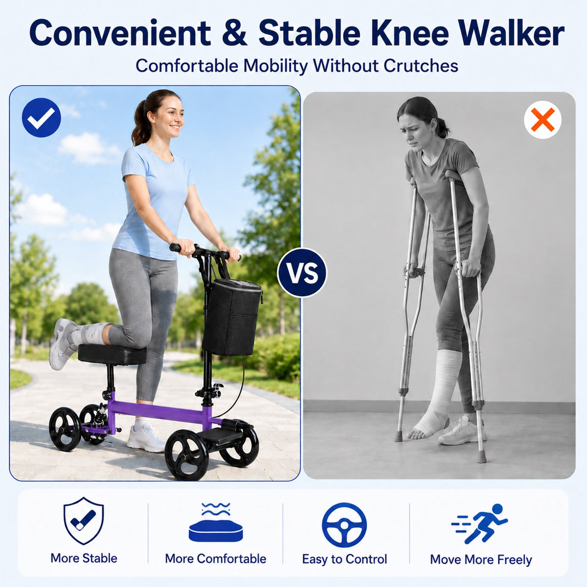Ostrina All Terrain Knee Scooter,Foldable Knee Walker for Foot Injuries,Adult Knee Scooter with 8" Wheels,Compact Crutches Alternative,Purple