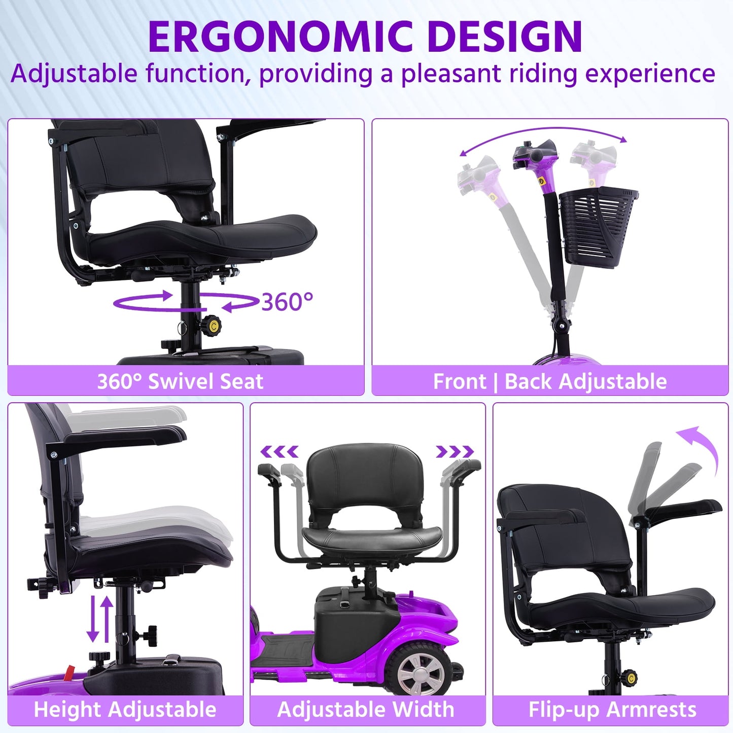 Arshin 4 Wheels Mobility Scooter with USB Port for Seniors,Electric Folding Wheelchair Device for Travel,Purple
