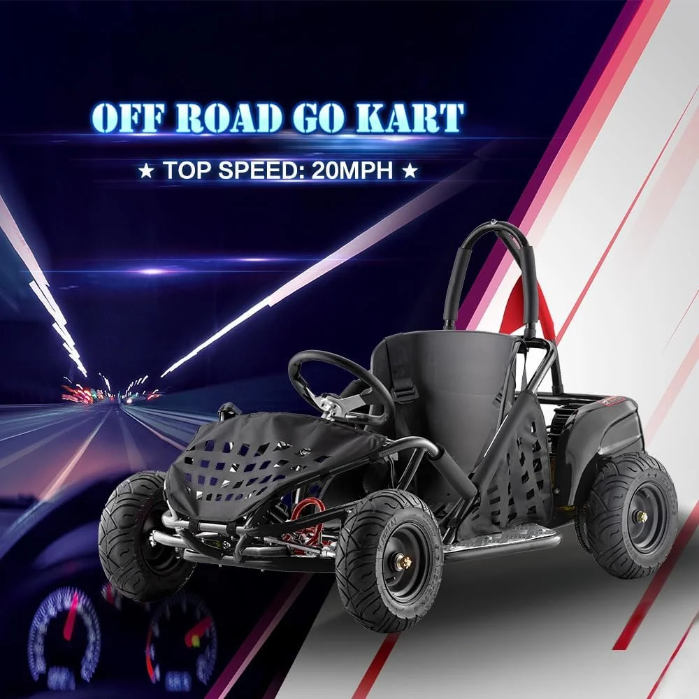 QEASET Electric Go Kart, 48V Powered Ride On Car with Steel Tubular Frame, Seat Belt, 13 inch All-Terrain Tires for Teens(BLACK)