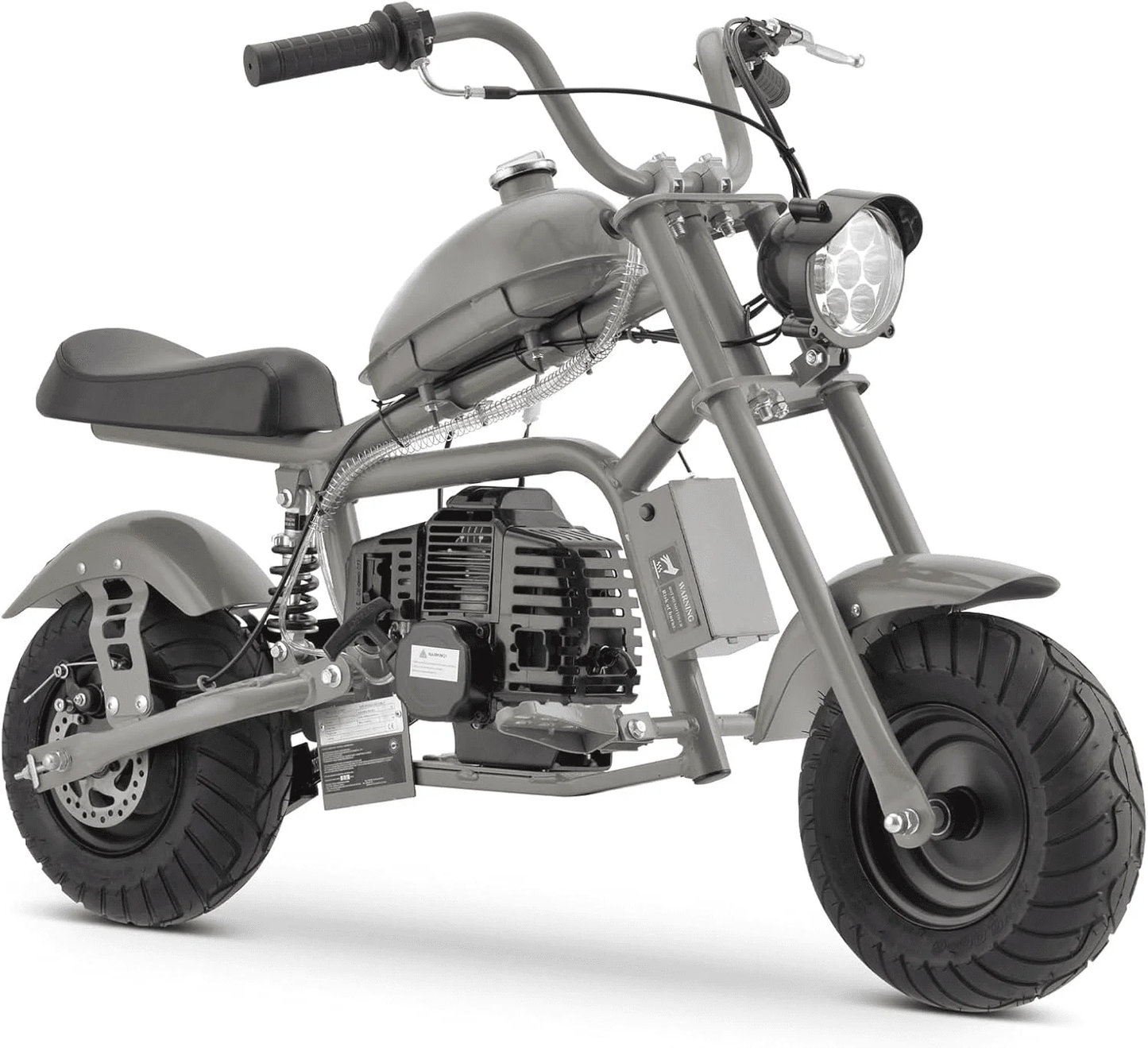 Aoemoe Gas Mini Chopper Bike, DB003 Model 49.4 CC 2-Stroke Dirt Bike with Big Headlight, Rear Shock Absorber, Metal Frame, Disc Brakes, Max Load 165Lbs, Up to 18Mph（Gray）