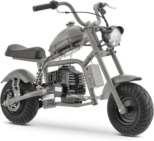 Aoemoe Gas Mini Chopper Bike, DB003 Model 49.4 CC 2-Stroke Dirt Bike with Big Headlight, Rear Shock Absorber, Metal Frame, Disc Brakes, Max Load 165Lbs, Up to 18Mph（Gray）